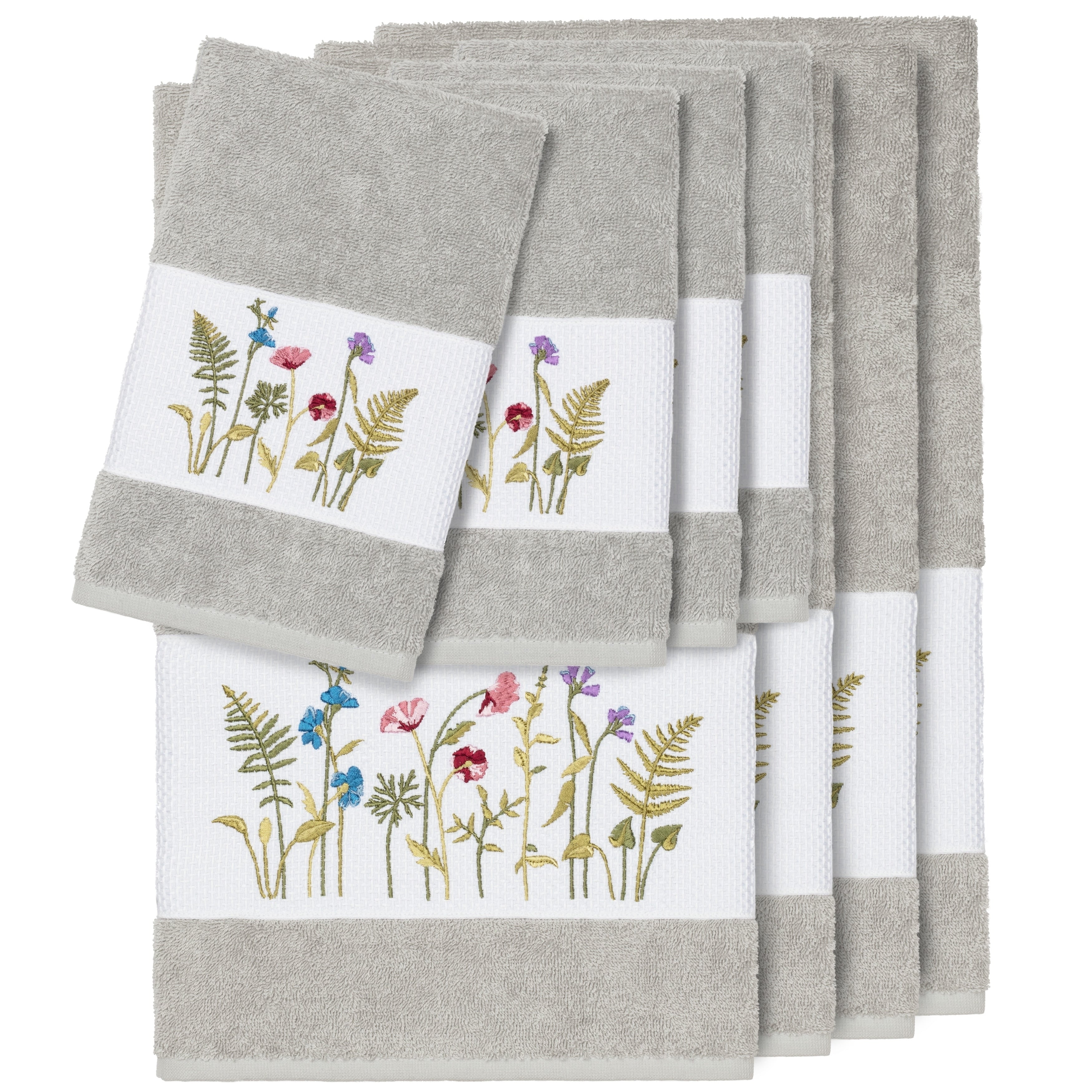 Authentic Hotel And Spa Grey Turkish Cotton Wildflowers Embroidered 8 Piece Towel Set