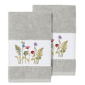 Authentic Hotel And Spa Grey Turkish Cotton Wildflowers Embroidered Hand Towels Set Of 2