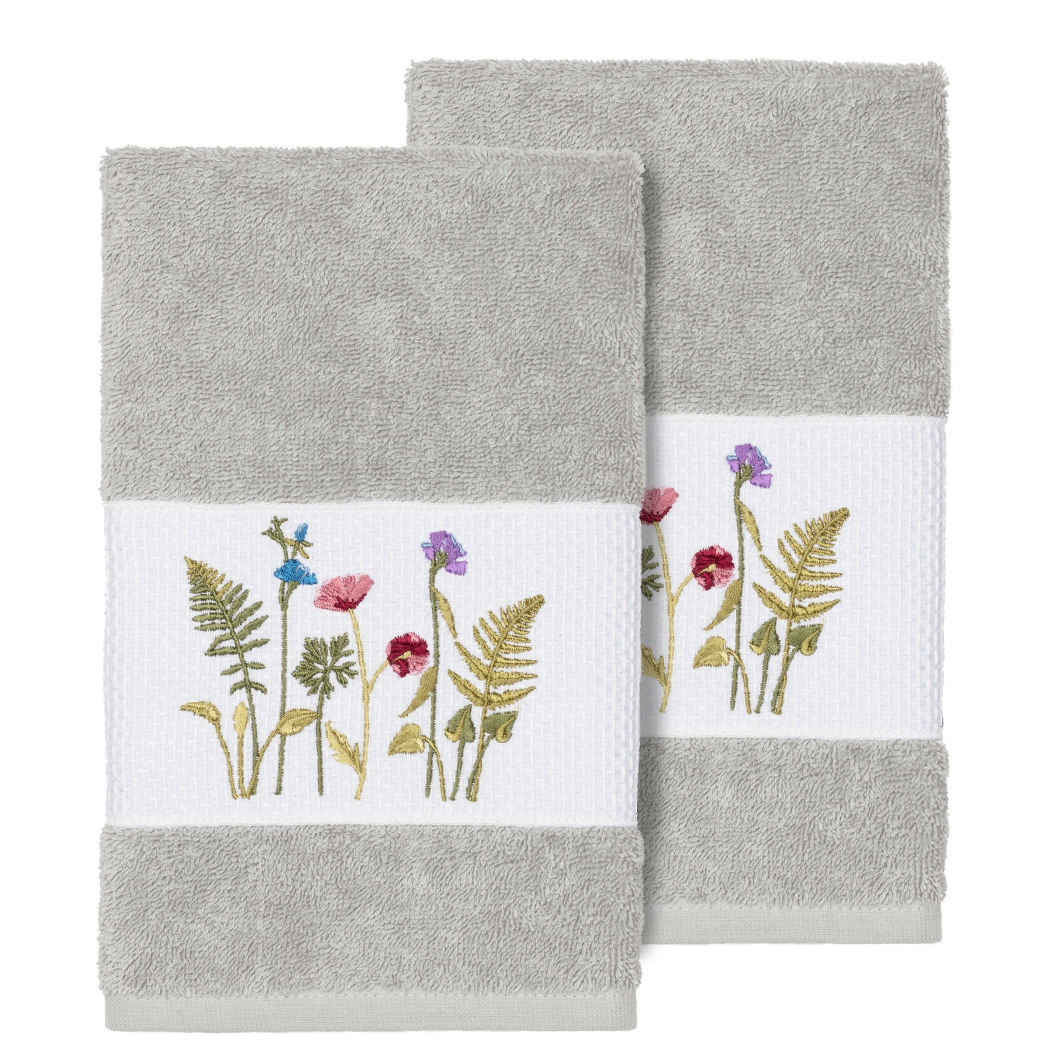 Authentic Hotel And Spa Grey Turkish Cotton Wildflowers Embroidered Hand Towels Set Of 2