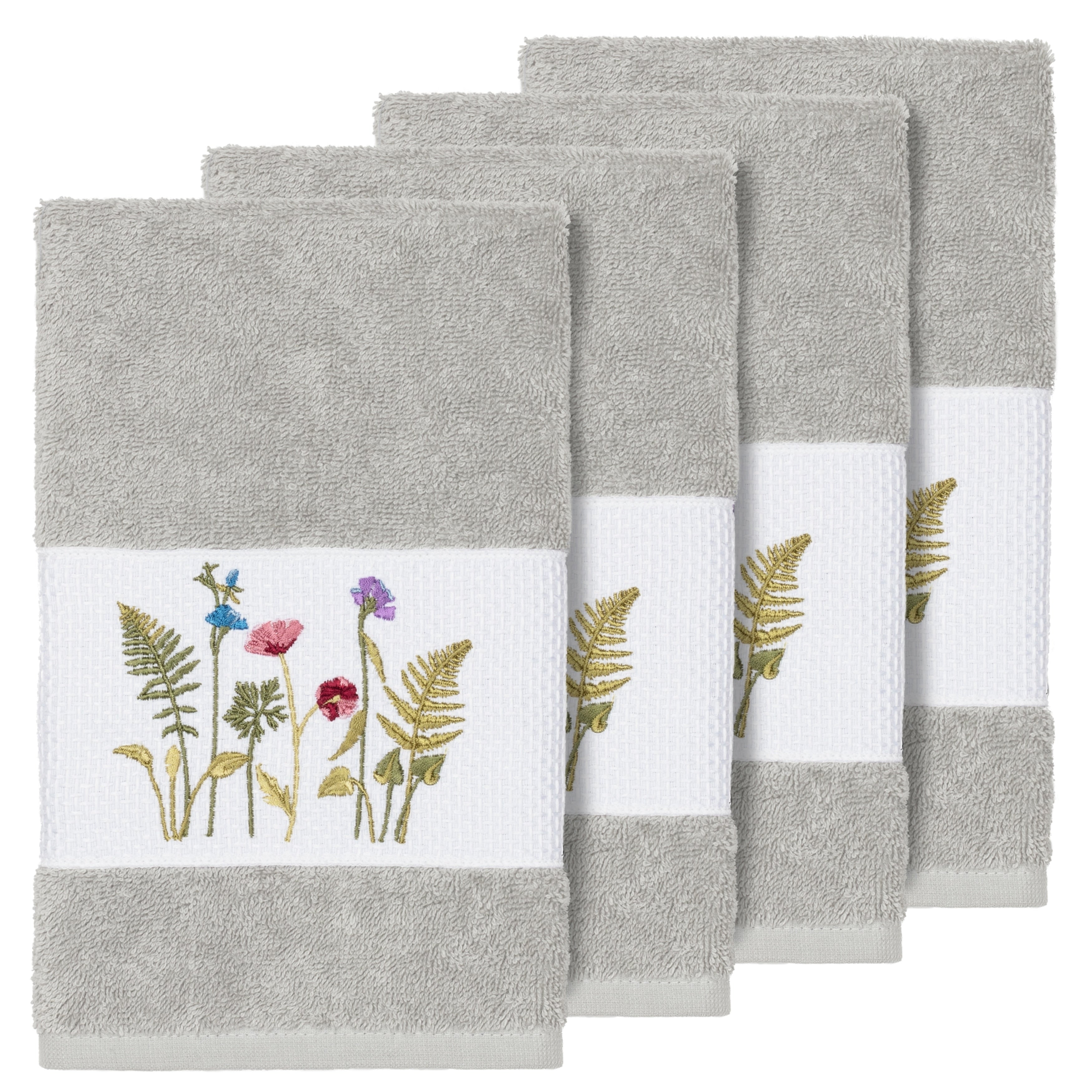 Authentic Hotel And Spa Grey Turkish Cotton Wildflowers Embroidered Hand Towels Set Of 4
