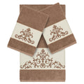 Authentic Hotel And Spa Latte Brown Turkish Cotton Scrollwork Embroidered 3 Piece Towel Set