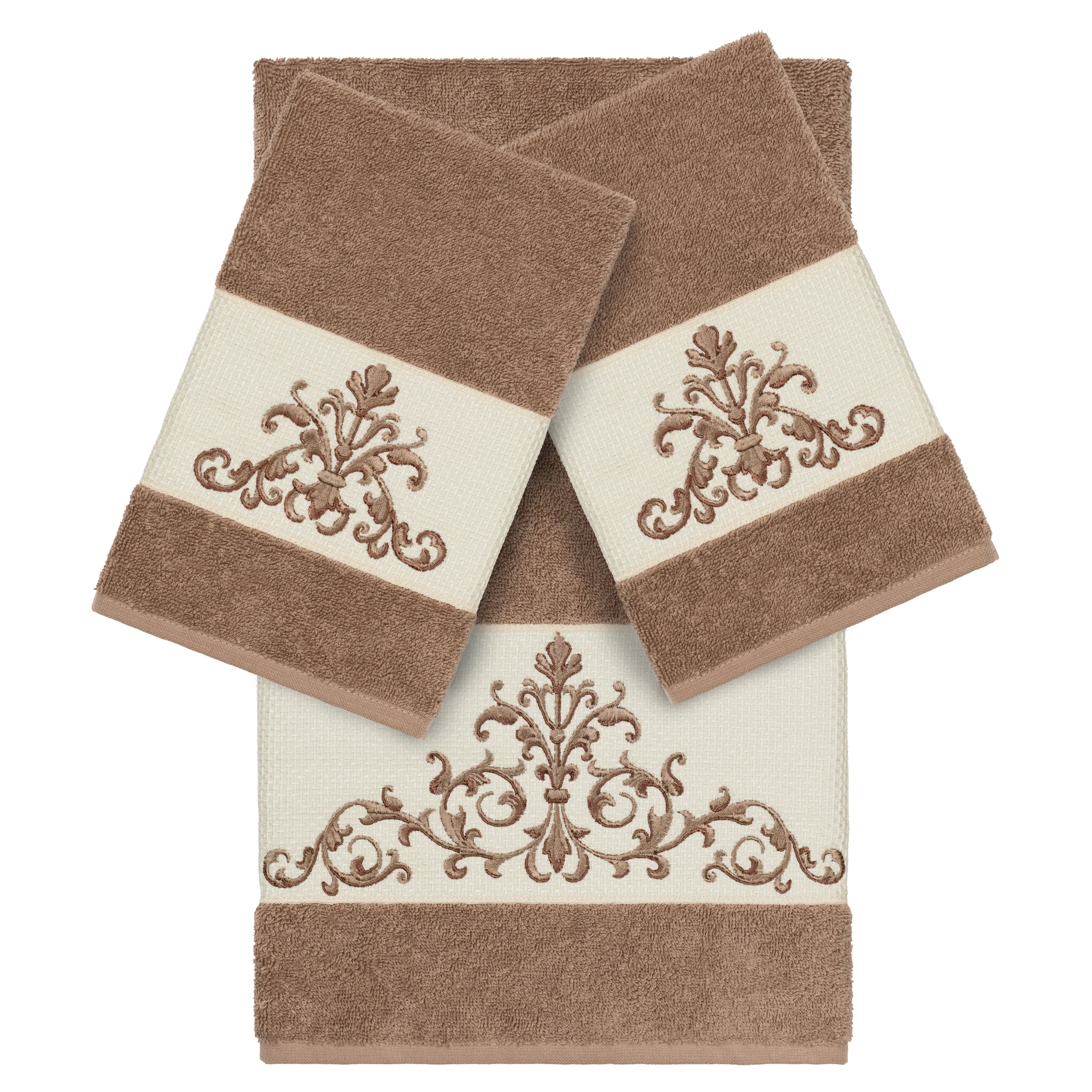 Authentic Hotel And Spa Latte Brown Turkish Cotton Scrollwork Embroidered 3 Piece Towel Set