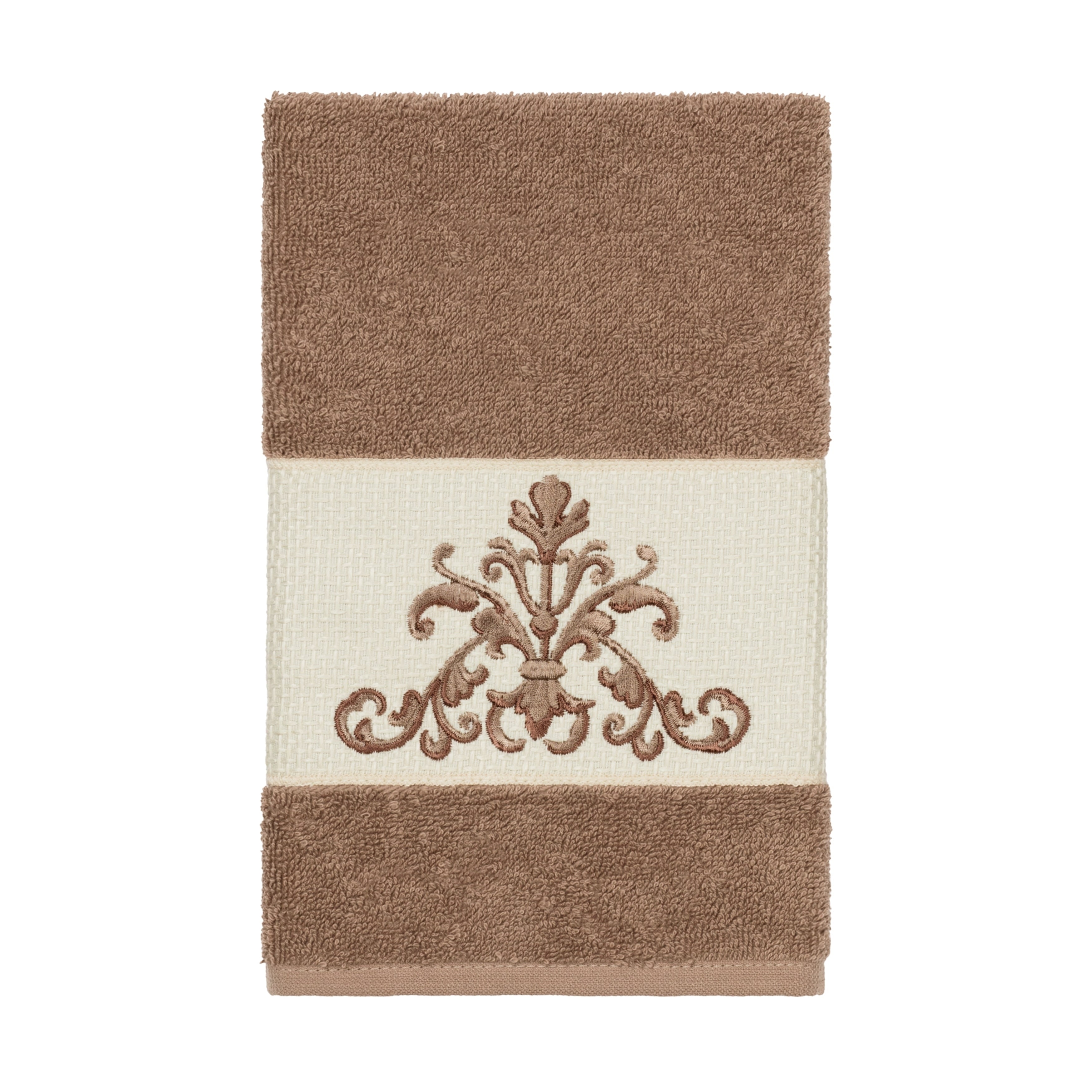 Authentic Hotel And Spa Latte Brown Turkish Cotton Scrollwork Embroidered Hand Towel