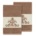 Authentic Hotel And Spa Latte Brown Turkish Cotton Scrollwork Embroidered Hand Towels Set Of 2