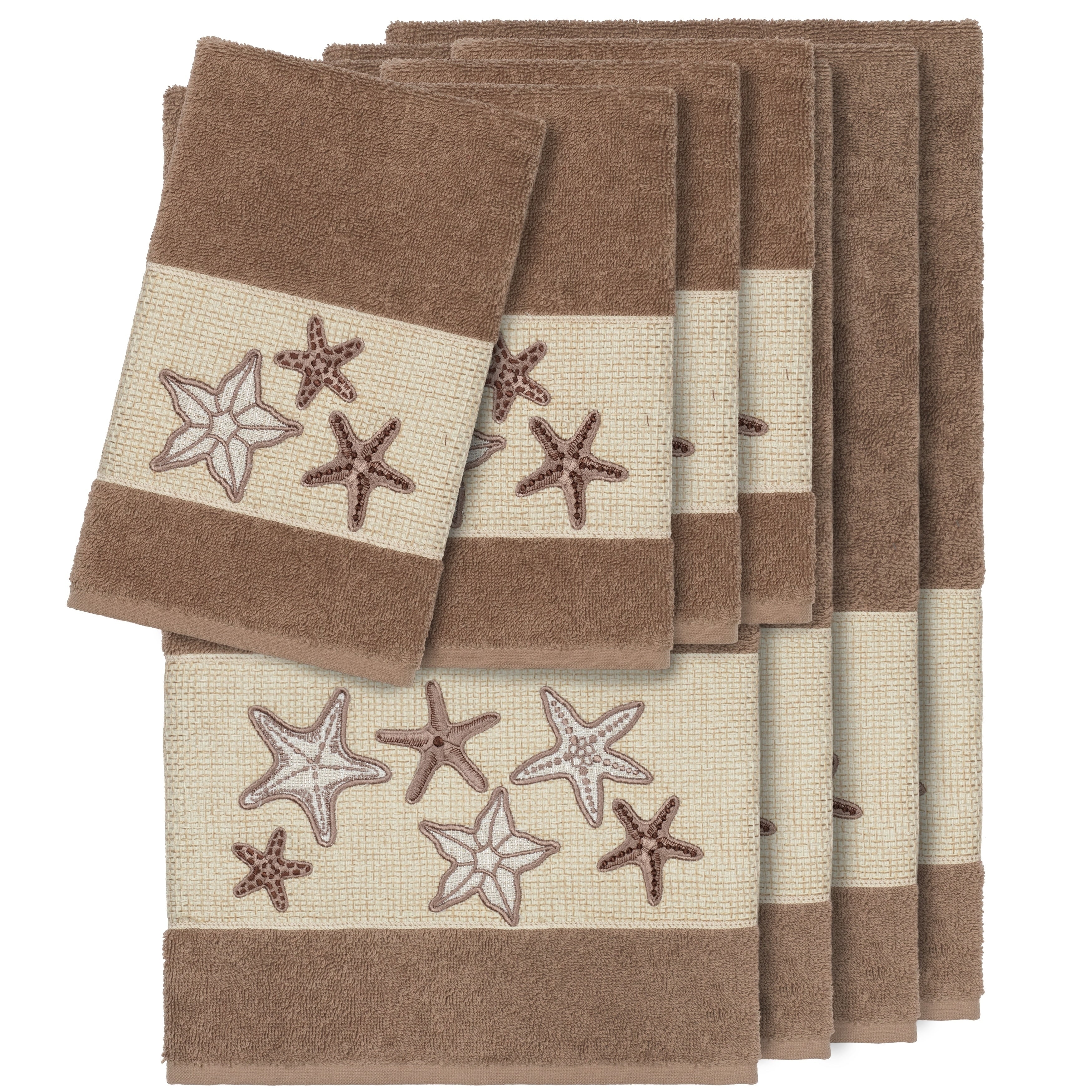 Authentic Hotel And Spa Latte Brown Turkish Cotton Starfish Embroidered 8 Piece Towel Set