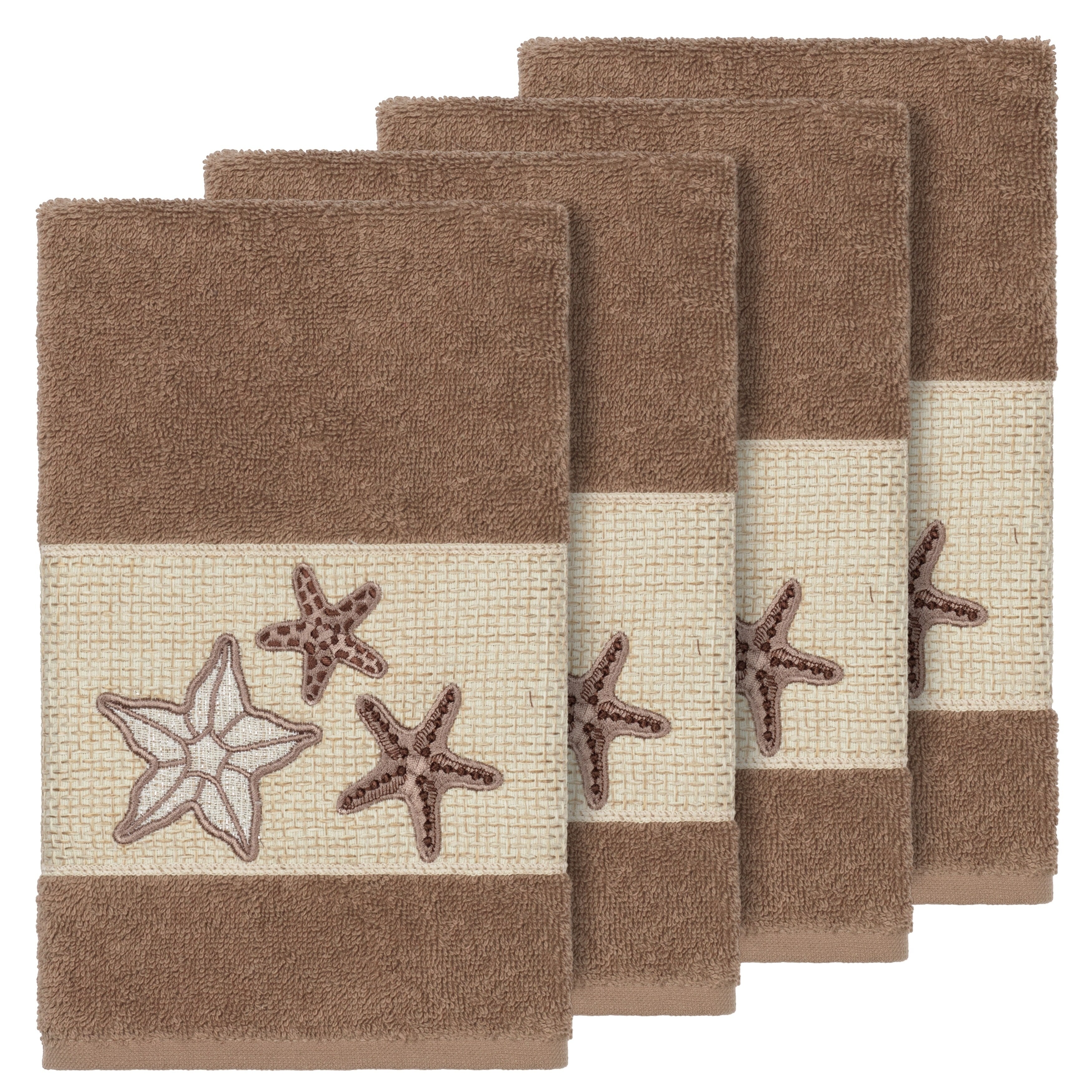 Authentic Hotel And Spa Latte Brown Turkish Cotton Starfish Embroidered Hand Towels Set Of 4