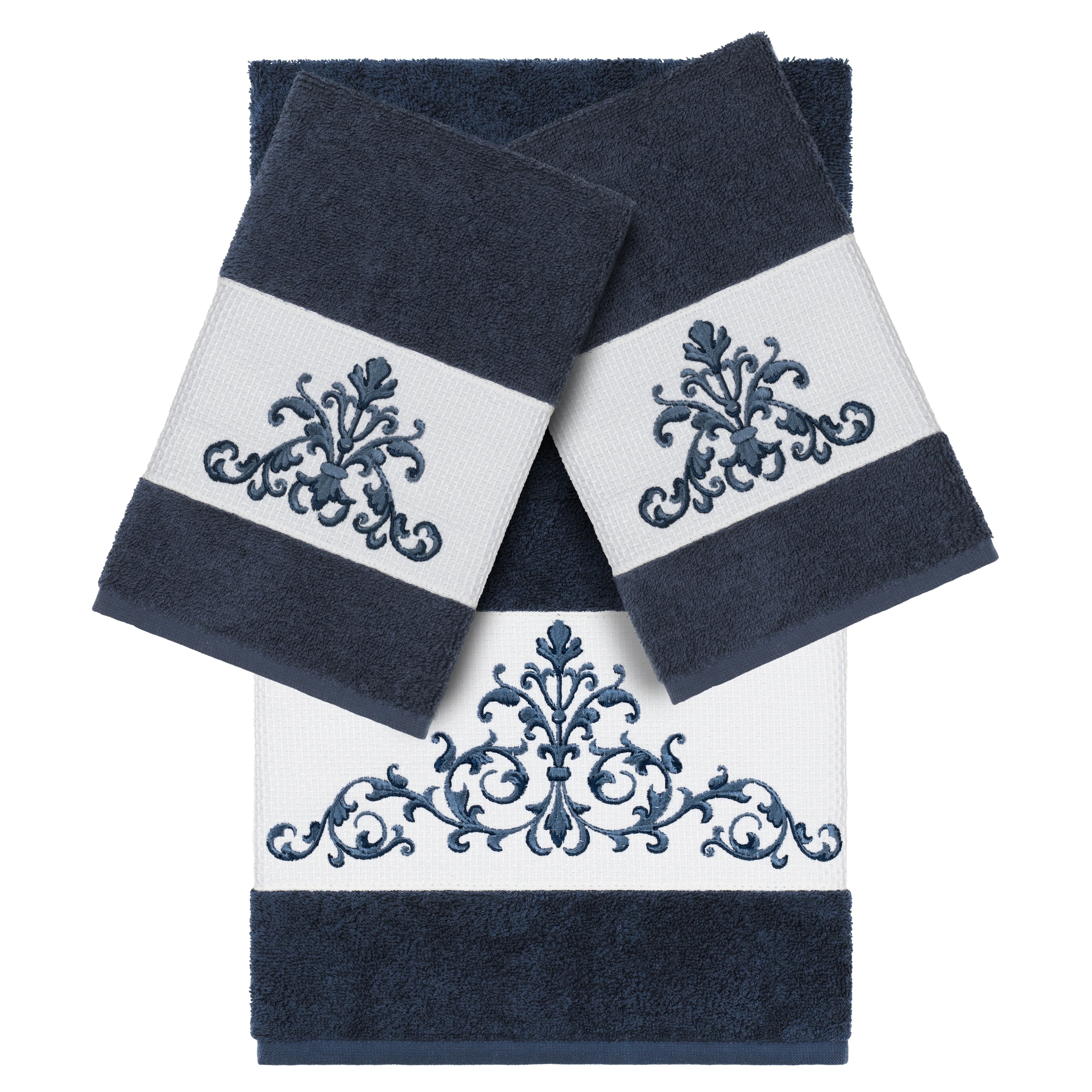 Authentic Hotel And Spa Midnight Blue Turkish Cotton Scrollwork Embroidered 3 Piece Towel Set