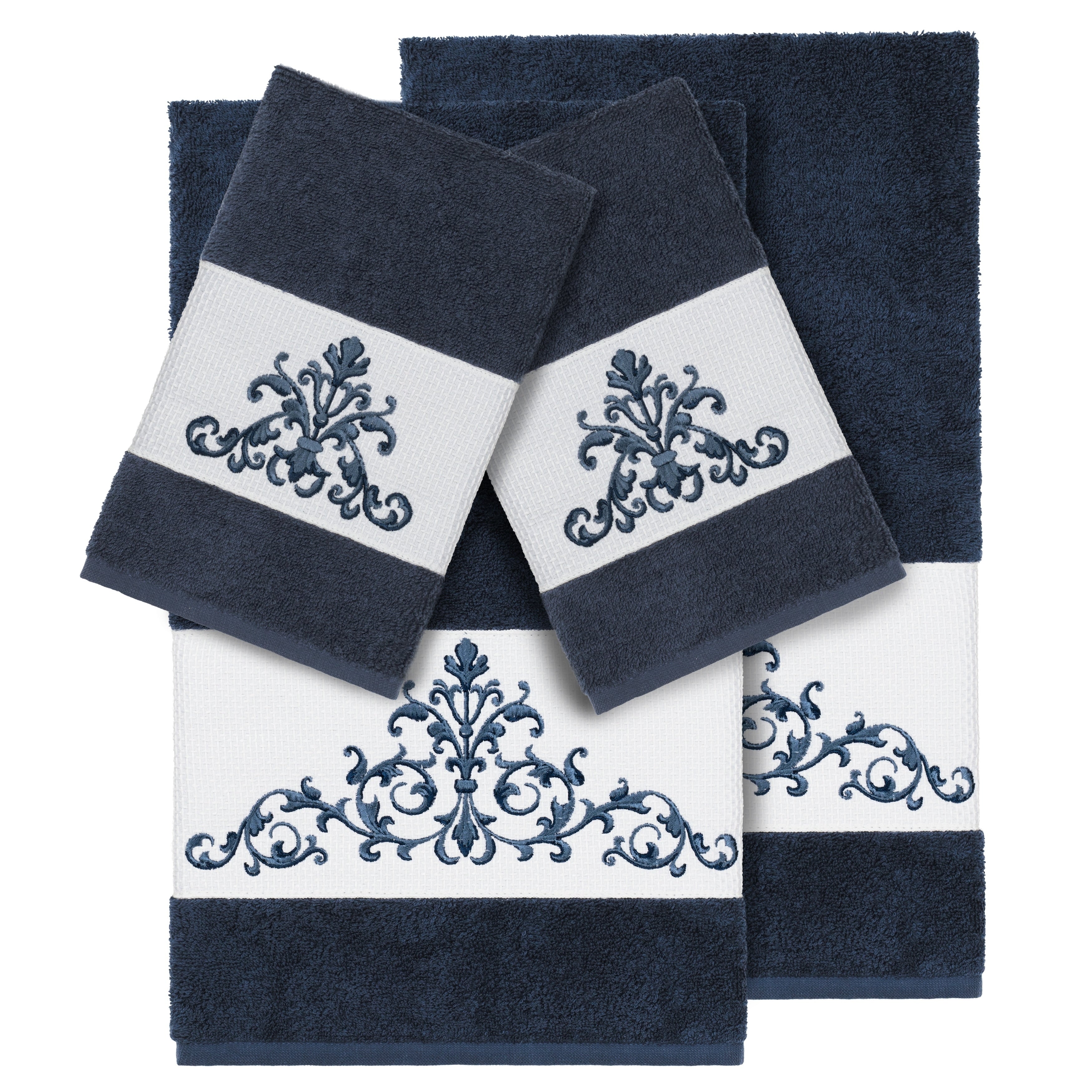 Authentic Hotel And Spa Midnight Blue Turkish Cotton Scrollwork Embroidered 4 Piece Towel Set