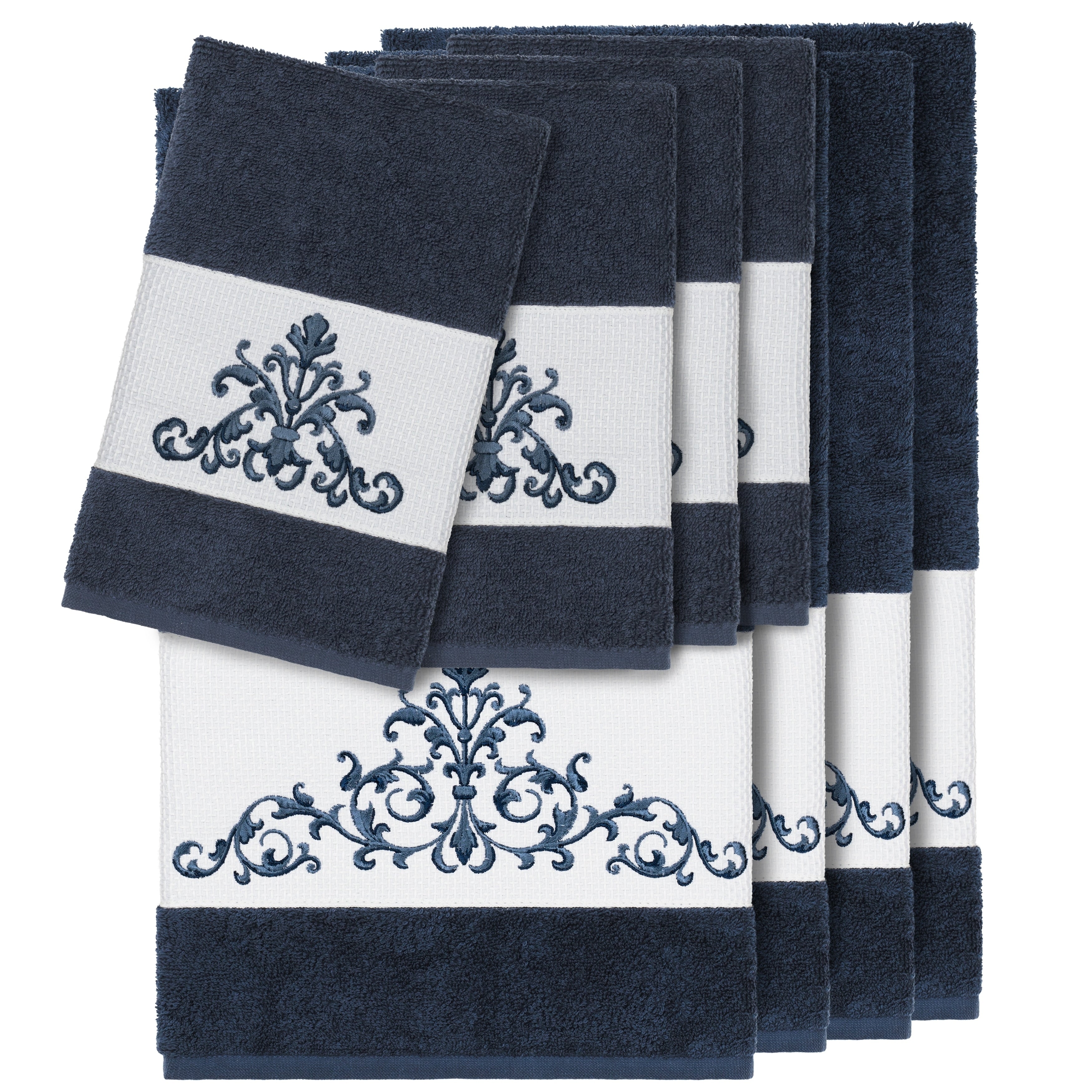 Authentic Hotel And Spa Midnight Blue Turkish Cotton Scrollwork Embroidered 8 Piece Towel Set