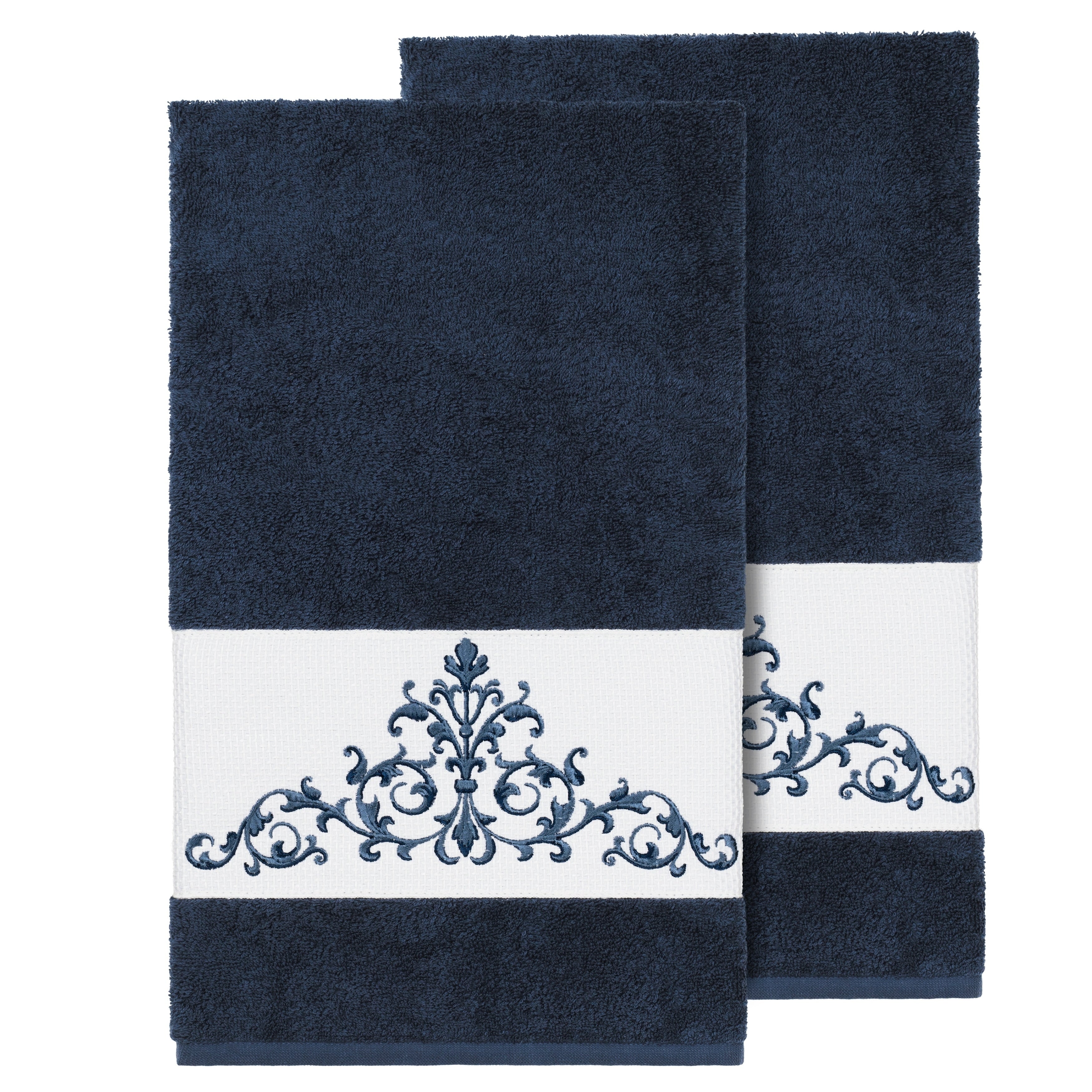 Authentic Hotel And Spa Midnight Blue Turkish Cotton Scrollwork Embroidered Bath Towels Set Of 2
