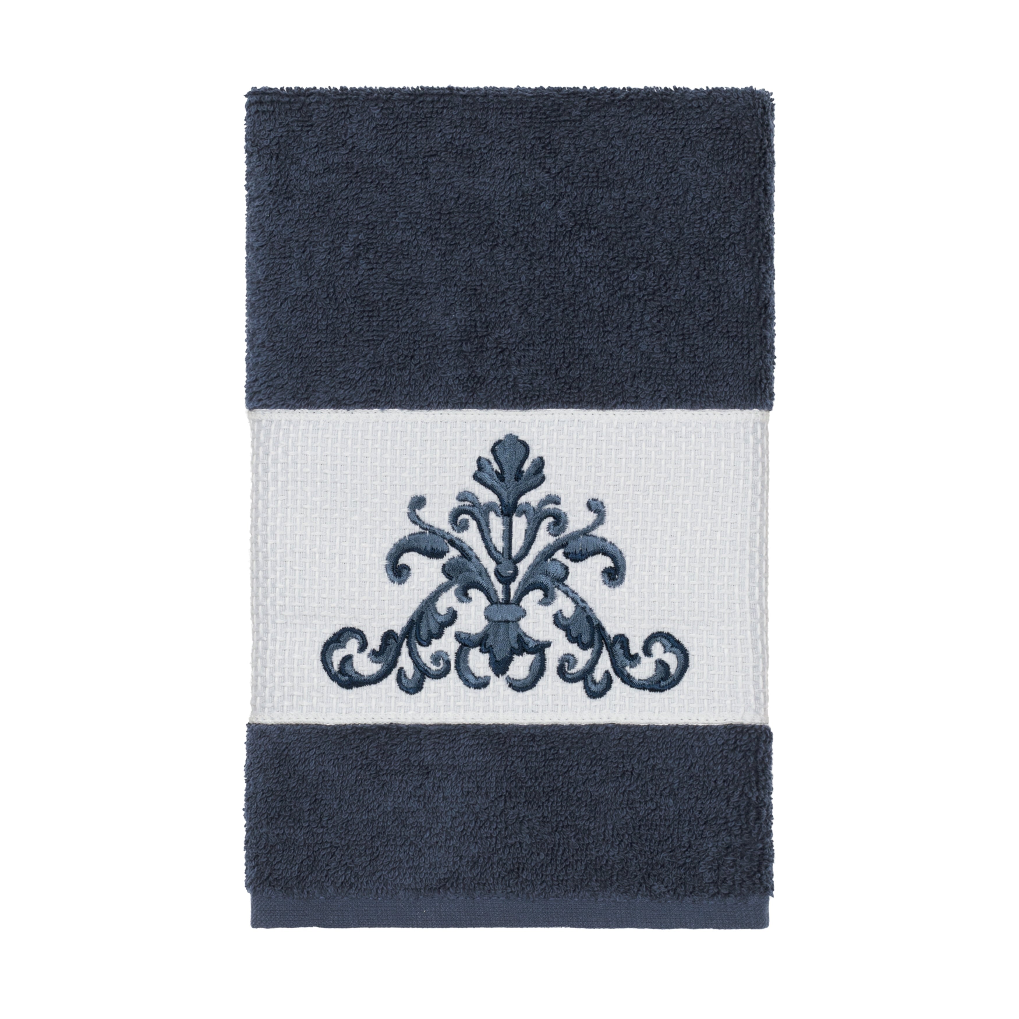 Authentic Hotel And Spa Midnight Blue Turkish Cotton Scrollwork Embroidered Hand Towel