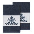 Authentic Hotel And Spa Midnight Blue Turkish Cotton Scrollwork Embroidered Hand Towels Set Of 2