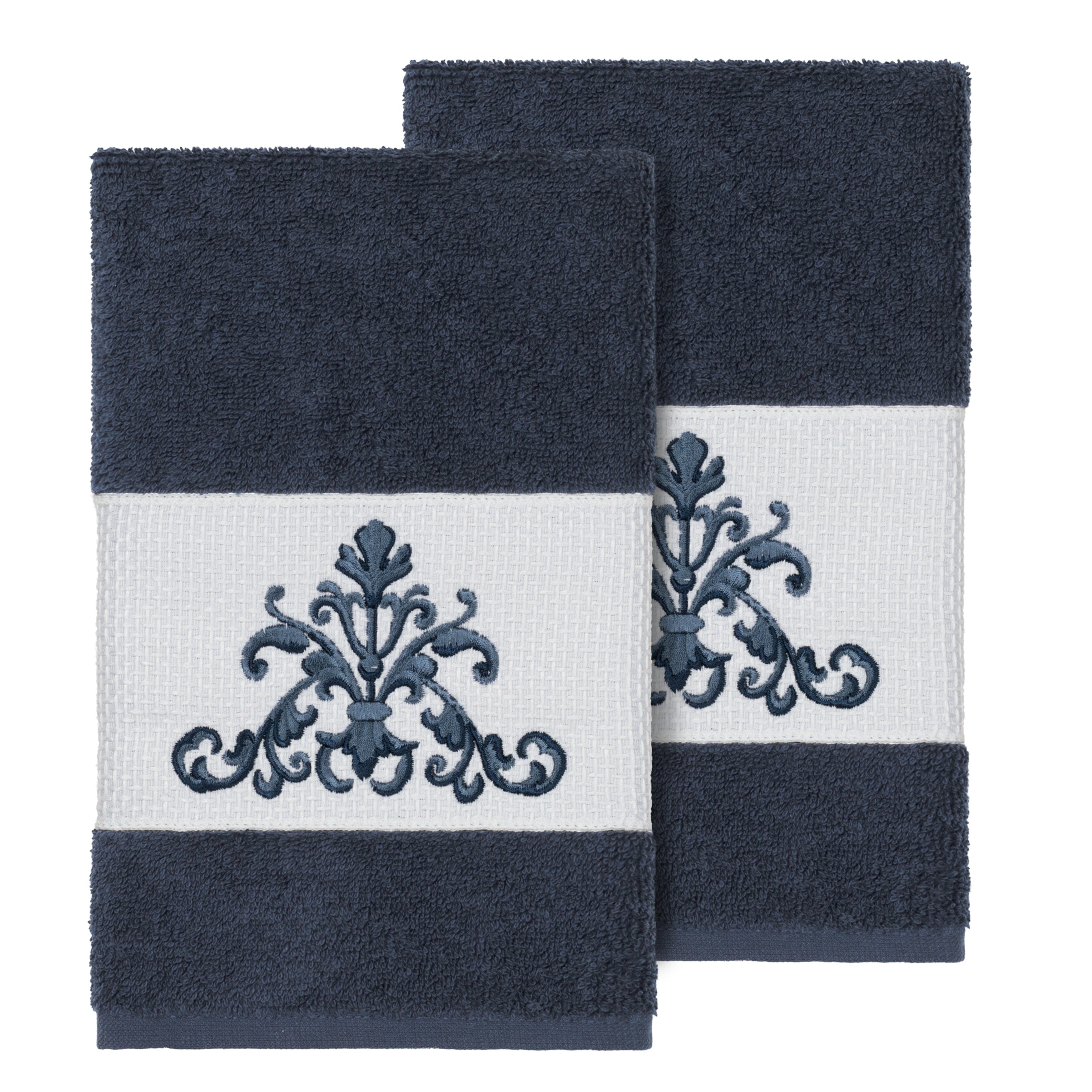 Authentic Hotel And Spa Midnight Blue Turkish Cotton Scrollwork Embroidered Hand Towels Set Of 2