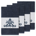 Authentic Hotel And Spa Midnight Blue Turkish Cotton Scrollwork Embroidered Hand Towels Set Of 4
