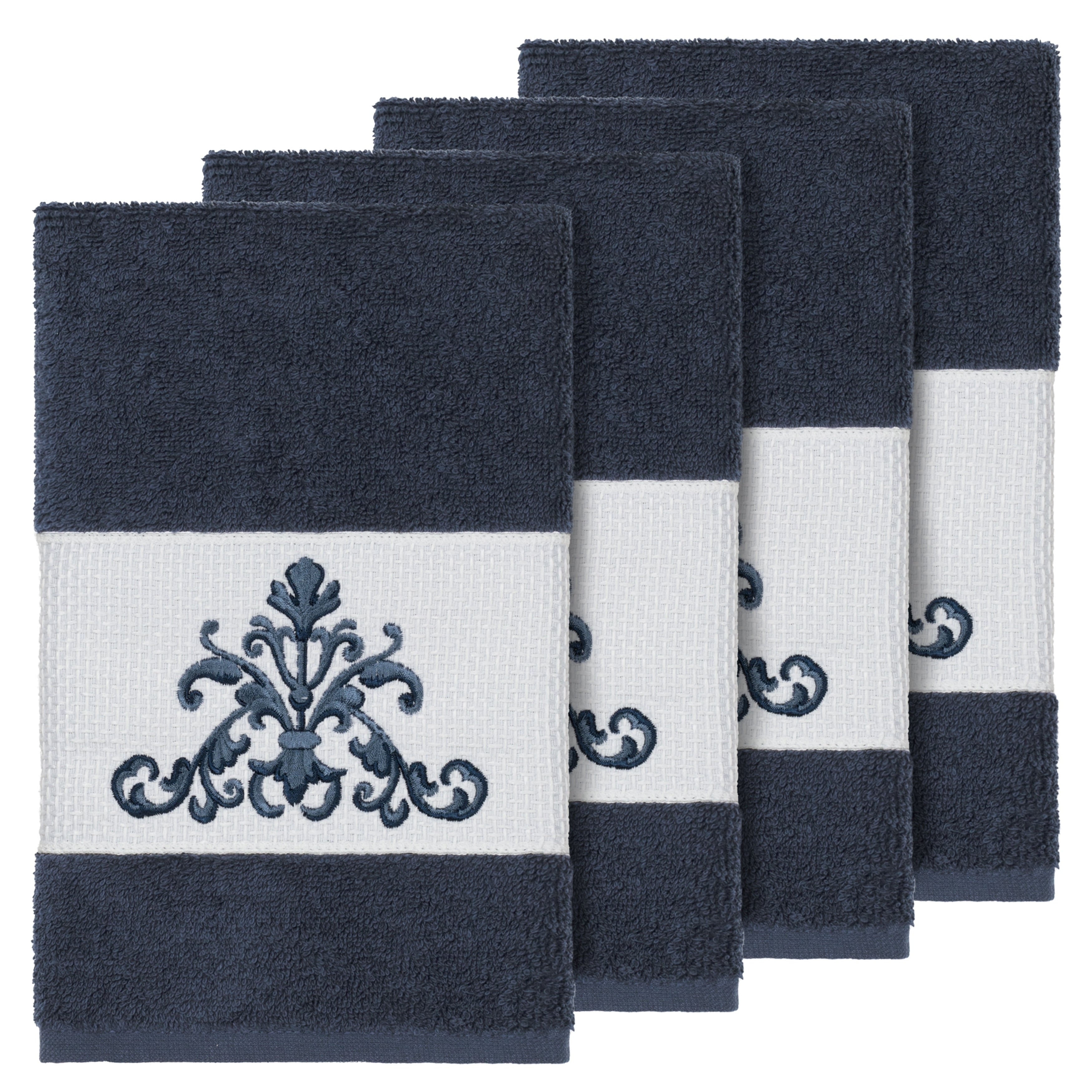 Authentic Hotel And Spa Midnight Blue Turkish Cotton Scrollwork Embroidered Hand Towels Set Of 4