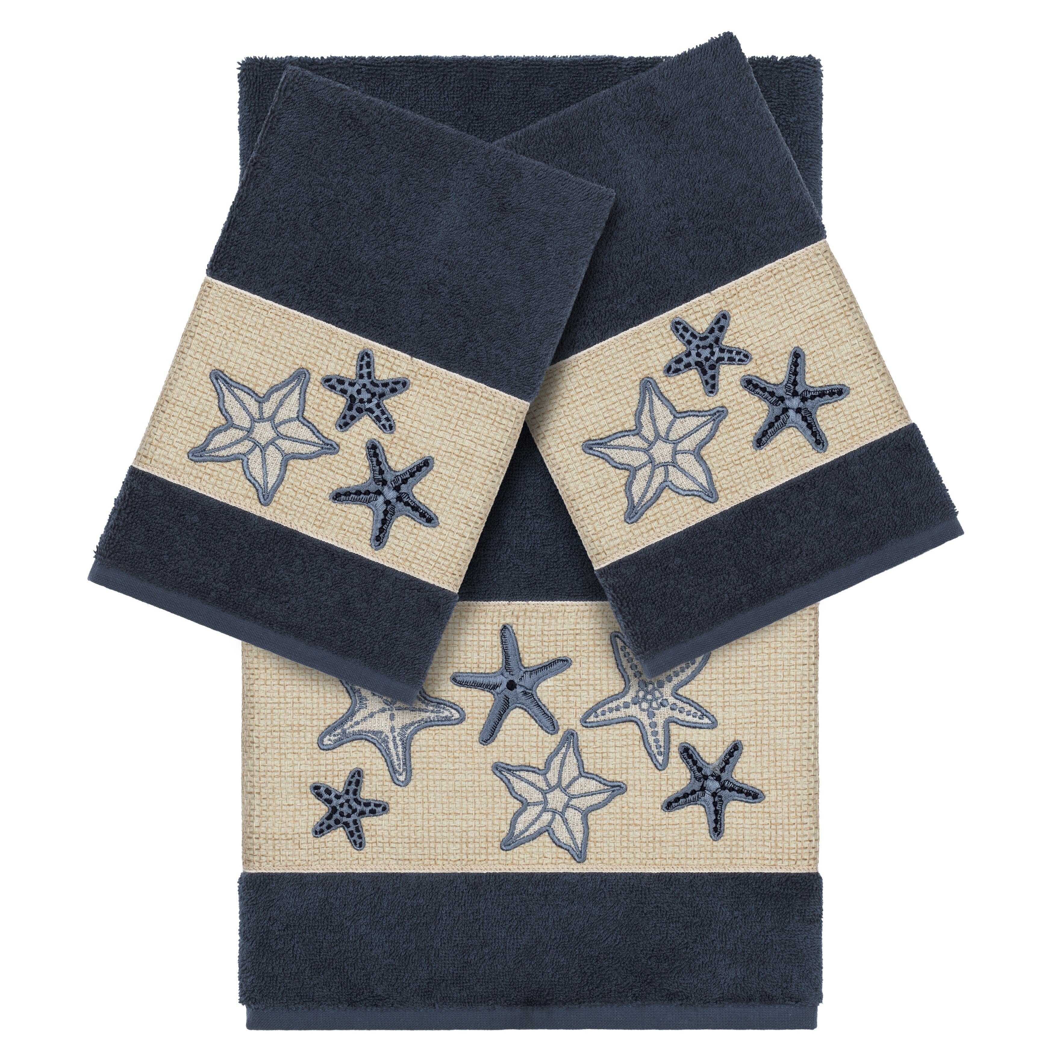 Authentic Hotel And Spa Midnight Blue Turkish Cotton Starfish Embroidered 3 Piece Towel Set