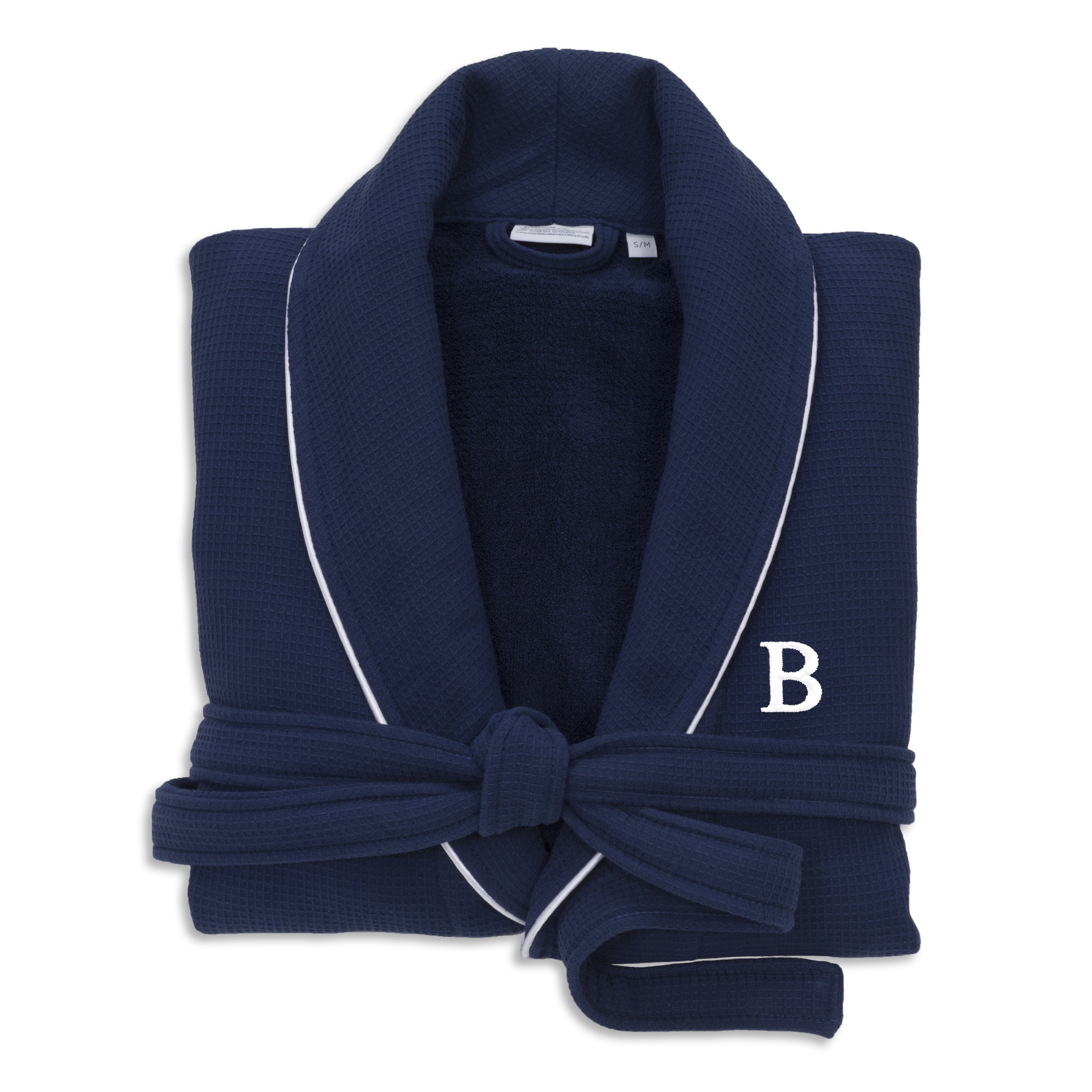 Authentic Hotel And Spa Navy Blue Unisex Turkish Cotton Waffle Weave Terry Bath Robe With White Block Monogram