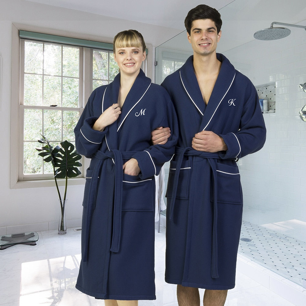 Authentic Hotel And Spa Navy Blue Unisex Turkish Cotton Waffle Weave Terry Bath Robe With White Script Monogram