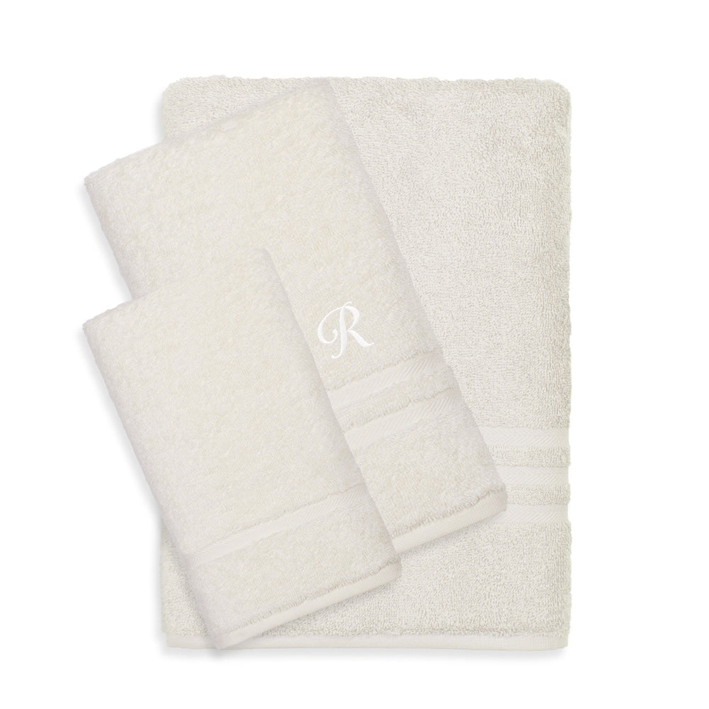 Authentic Hotel And Spa Omni Turkish Cotton Terry 3 Piece Cream Bath Towel Set With White Script Monogrammed Initial