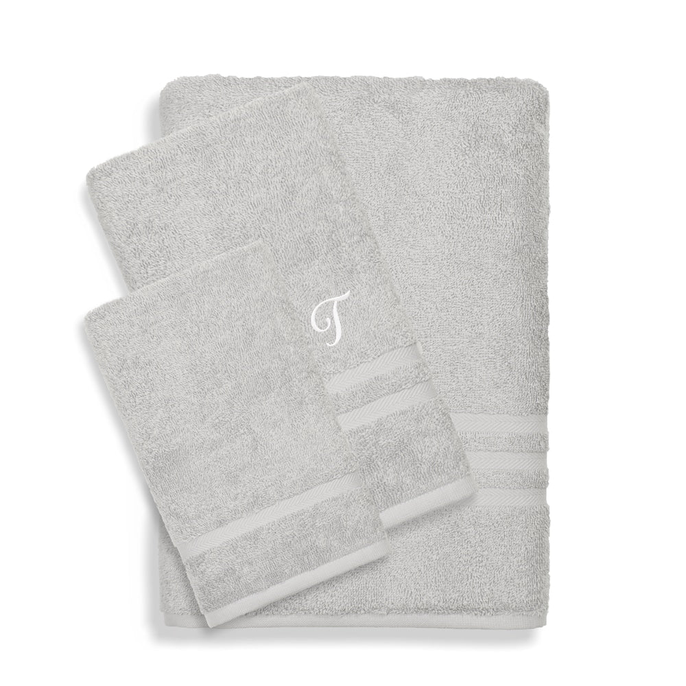 Authentic Hotel And Spa Omni Turkish Cotton Terry 3 Piece Grey Bath Towel Set With White Script Monogrammed Initial