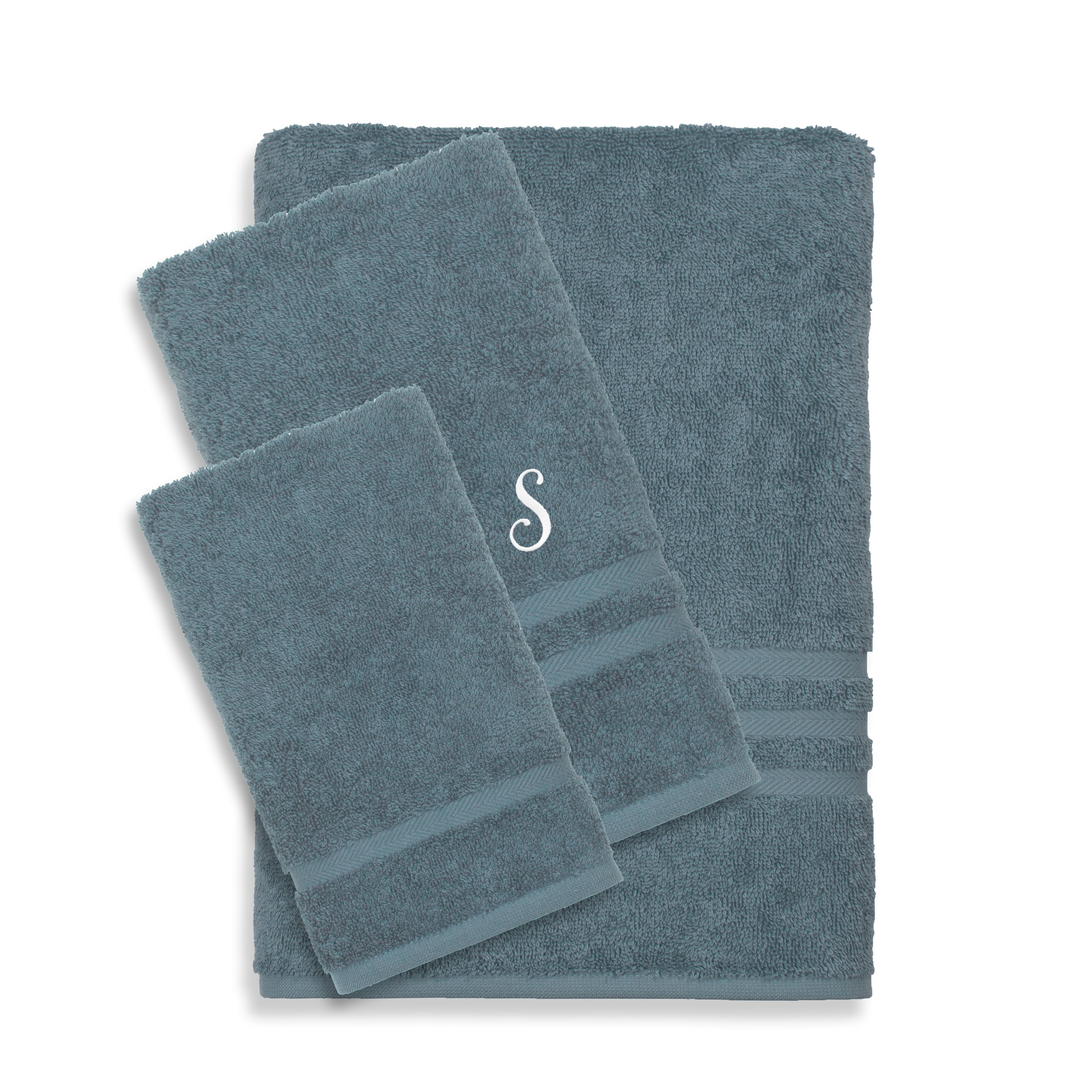 Authentic Hotel And Spa Omni Turkish Cotton Terry 3 Piece Medium Blue Bath Towel Set With White Script Monogrammed Initial