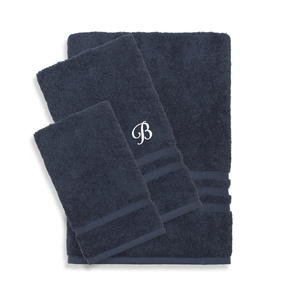 Authentic Hotel And Spa Omni Turkish Cotton Terry 3 Piece Navy Blue Bath Towel Set With White Script Monogrammed Initial
