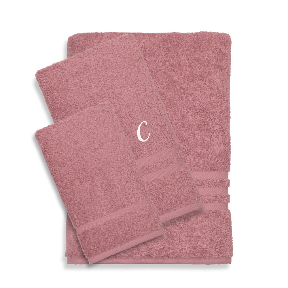 Authentic Hotel And Spa Omni Turkish Cotton Terry 3 Piece Tea Rose Bath Towel Set With White Script Monogrammed Initial