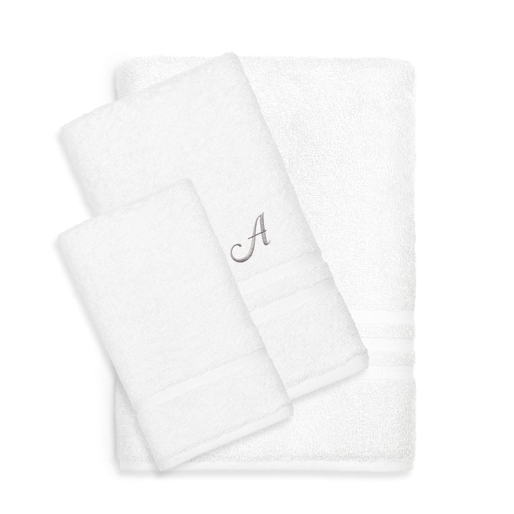 Authentic Hotel And Spa Omni Turkish Cotton Terry 3 Piece White Bath Towel Set With Grey Script Monogrammed Initial