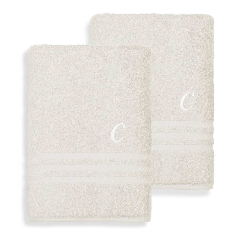 Authentic Hotel And Spa Omni Turkish Cotton Terry Set Of 2 Cream Bath Towels With White Script Monogrammed Initial