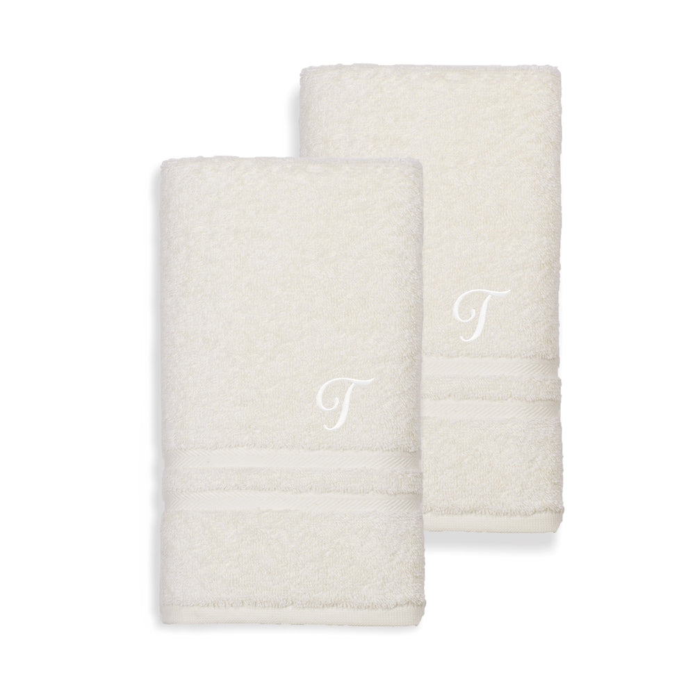 Authentic Hotel And Spa Omni Turkish Cotton Terry Set Of 2 Cream Hand Towels With White Script Monogrammed Initial