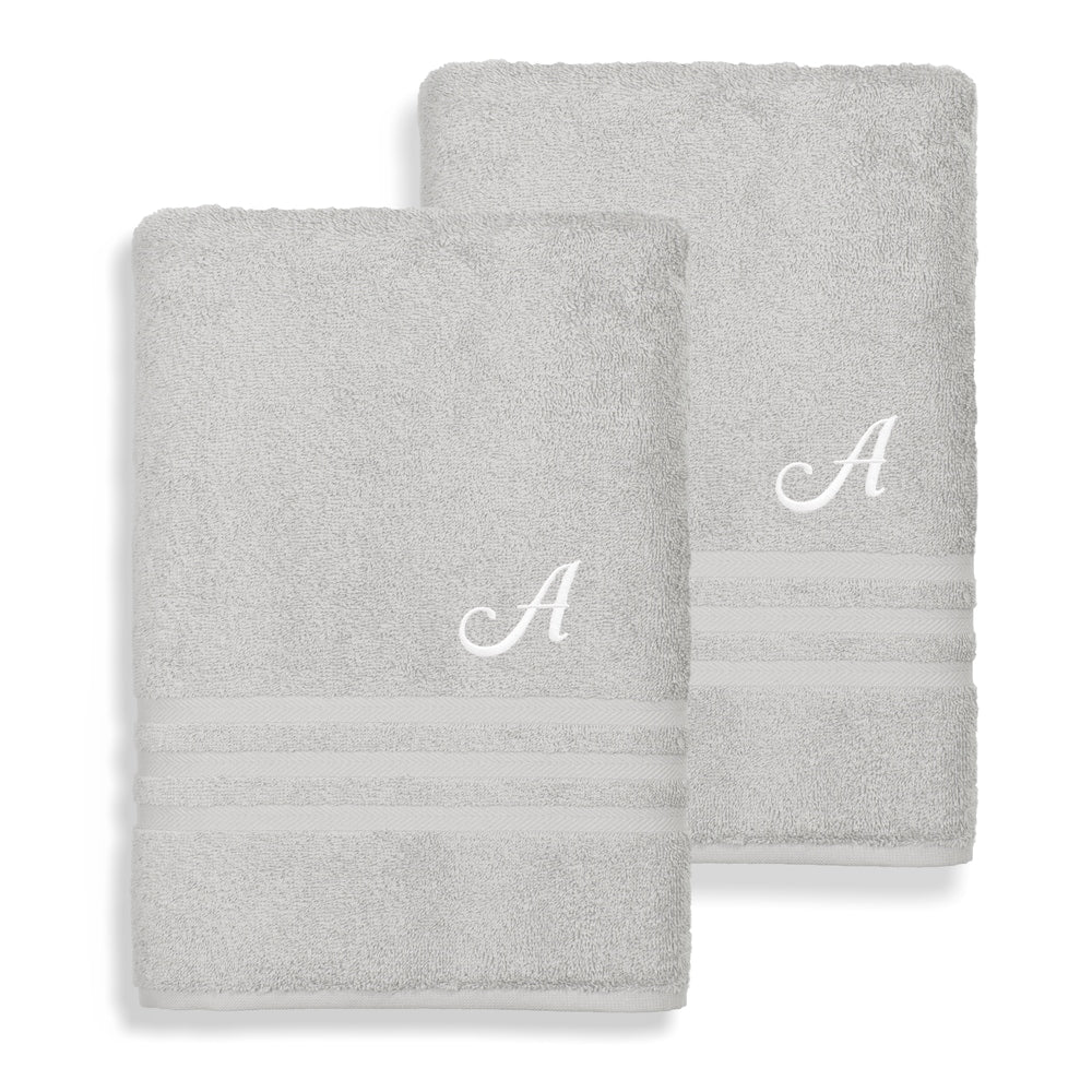 Authentic Hotel And Spa Omni Turkish Cotton Terry Set Of 2 Grey Bath Towels With White Script Monogrammed Initial