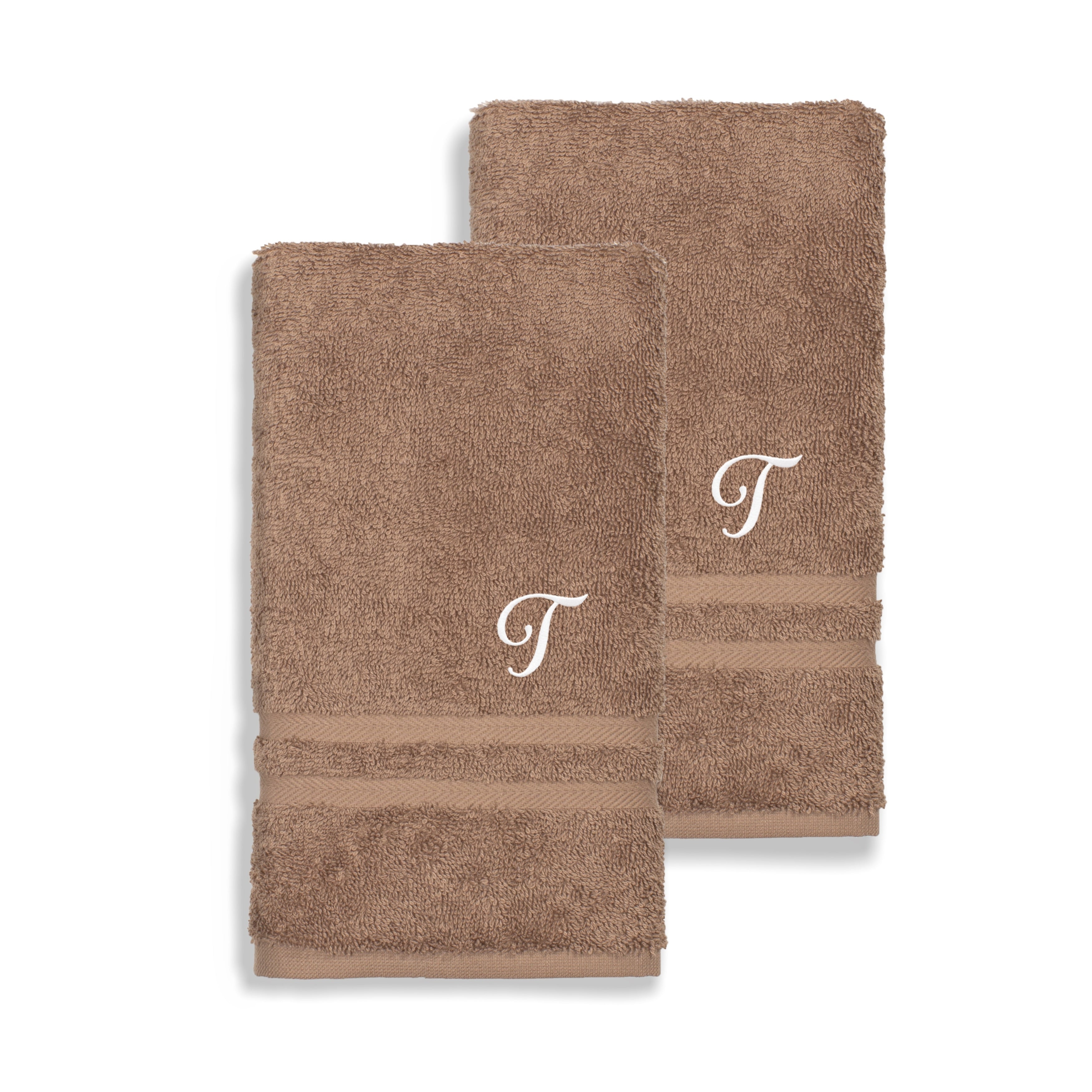 Authentic Hotel And Spa Omni Turkish Cotton Terry Set Of 2 Latte Brown Hand Towels With White Script Monogrammed Initial