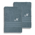 Authentic Hotel And Spa Omni Turkish Cotton Terry Set Of 2 Medium Blue Bath Towels With White Script Monogrammed Initial
