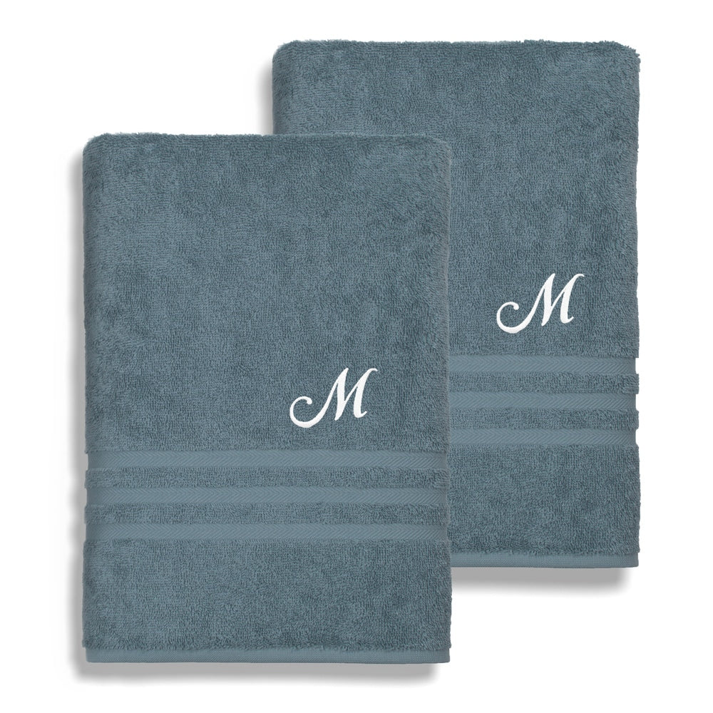 Authentic Hotel And Spa Omni Turkish Cotton Terry Set Of 2 Medium Blue Bath Towels With White Script Monogrammed Initial