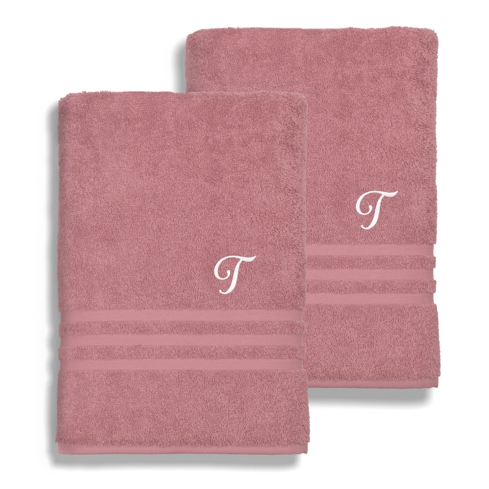 Authentic Hotel And Spa Omni Turkish Cotton Terry Set Of 2 Tea Rose Bath Towels With White Script Monogrammed Initial