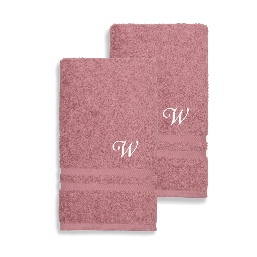 Authentic Hotel And Spa Omni Turkish Cotton Terry Set Of 2 Tea Rose Hand Towels With White Script Monogrammed Initial