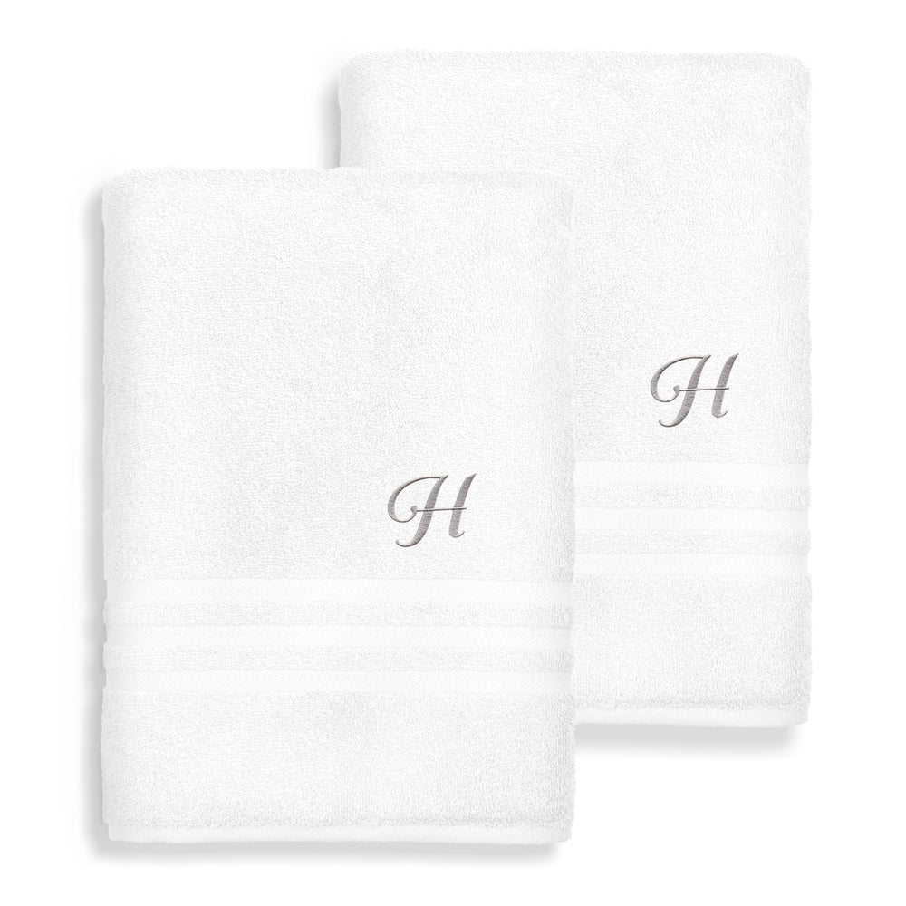 Authentic Hotel And Spa Omni Turkish Cotton Terry Set Of 2 White Bath Towels With Grey Script Monogrammed Initial