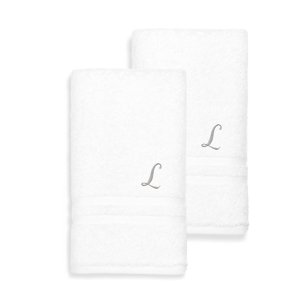 Authentic Hotel And Spa Omni Turkish Cotton Terry Set Of 2 White Hand Towels With Grey Script Monogrammed Initial