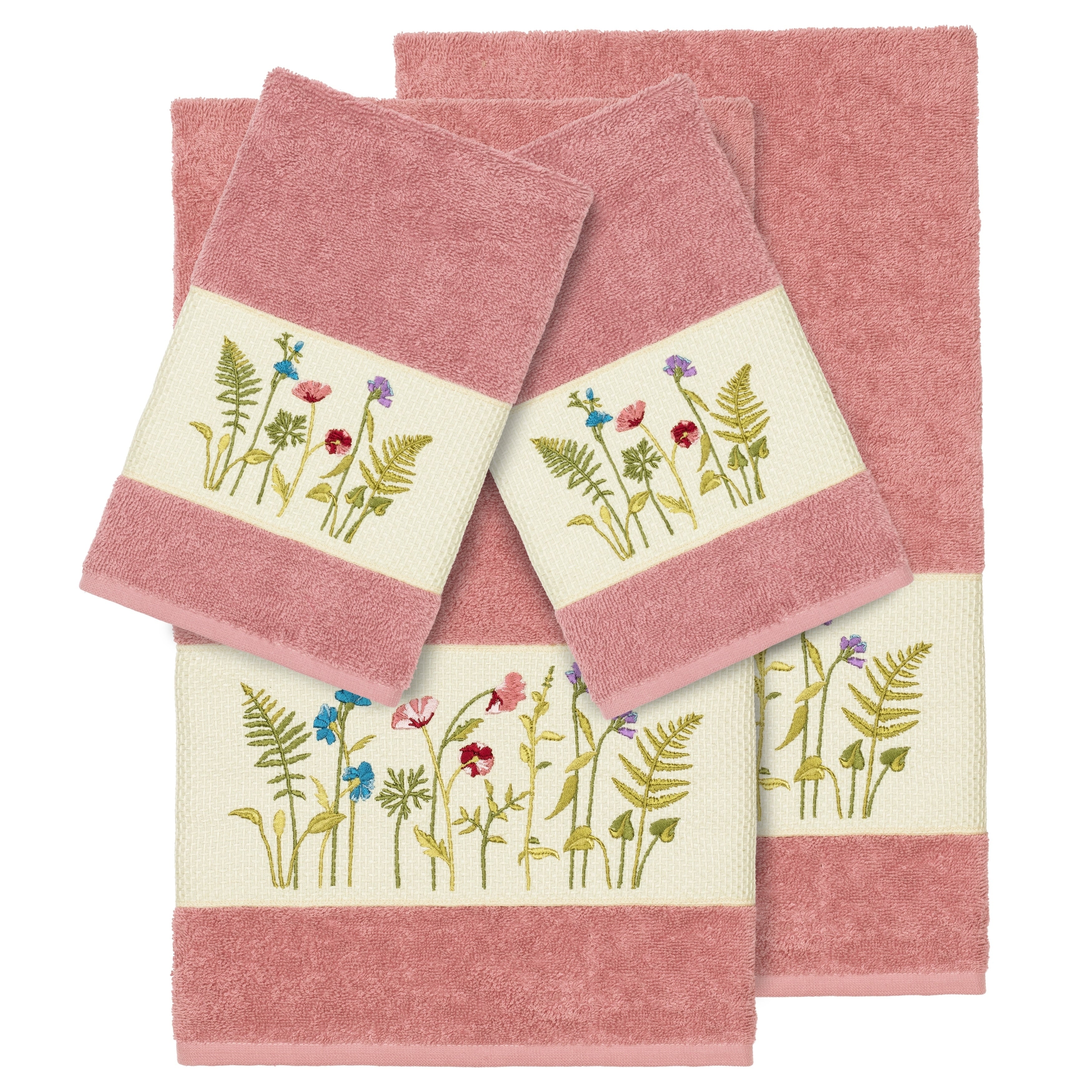 Authentic Hotel And Spa Rose Turkish Cotton Wildflowers Embroidered 4 Piece Towel Set