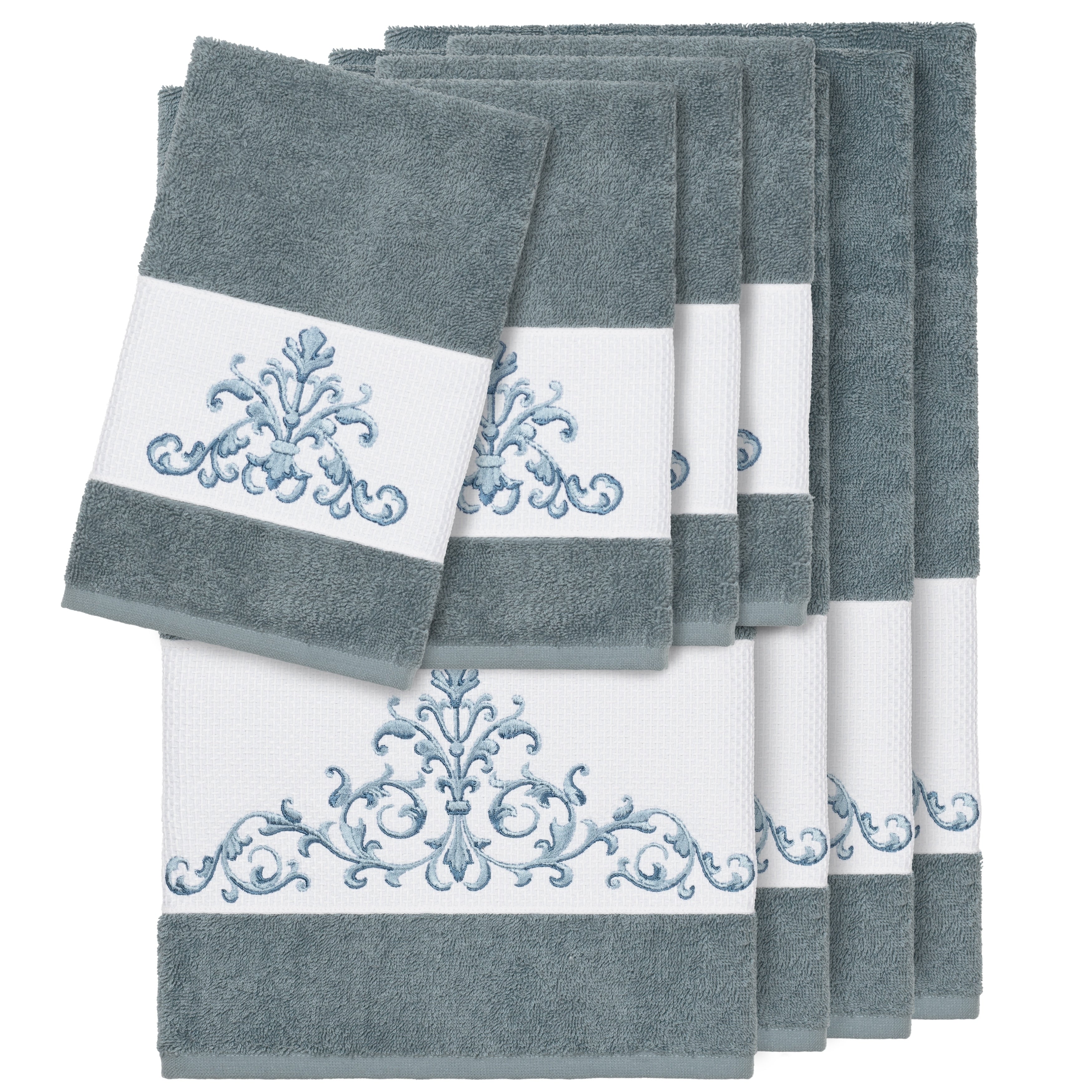 Authentic Hotel And Spa Teal Blue Turkish Cotton Scrollwork Embroidered 8 Piece Towel Set