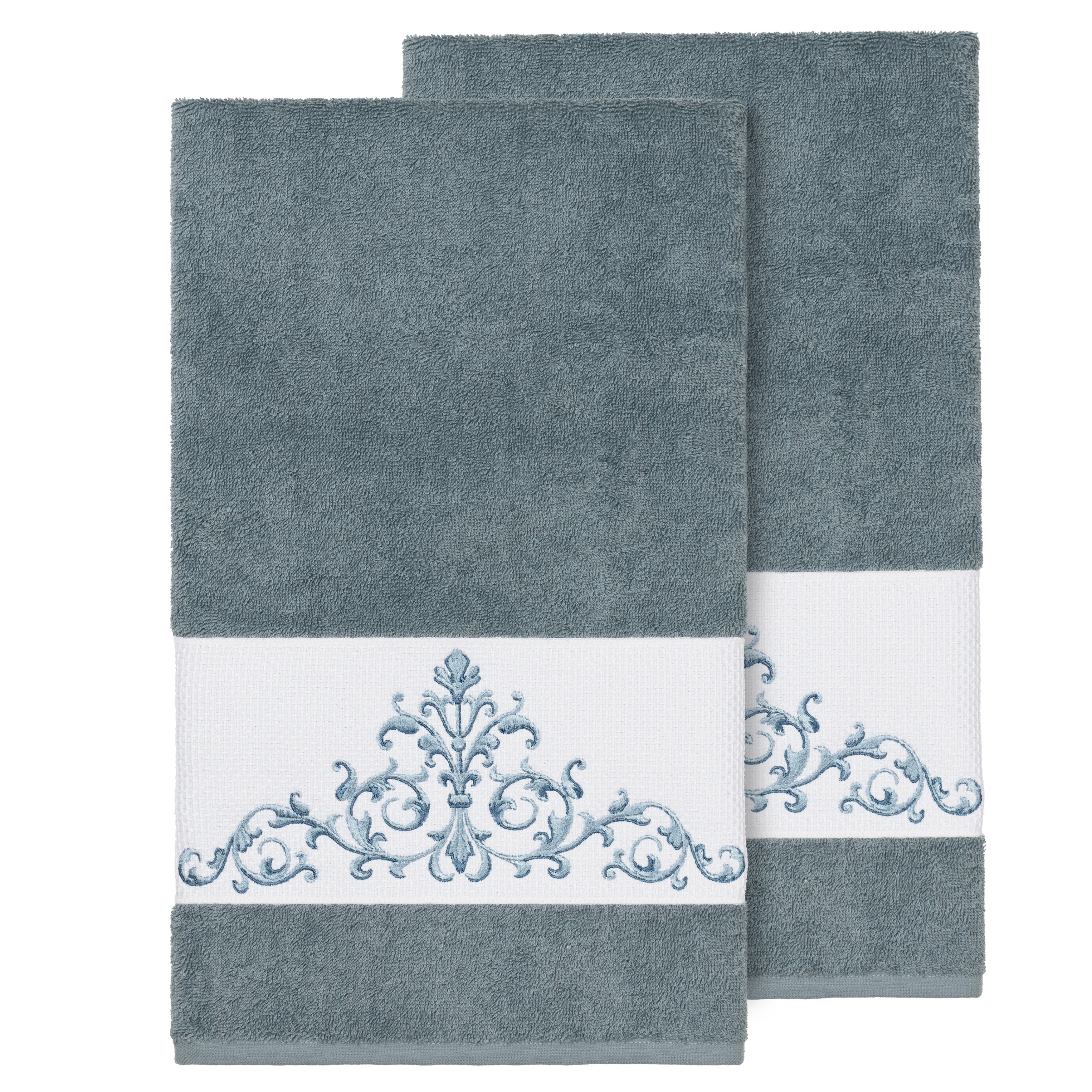 Authentic Hotel And Spa Teal Blue Turkish Cotton Scrollwork Embroidered Bath Towels Set Of 2