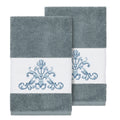 Authentic Hotel And Spa Teal Blue Turkish Cotton Scrollwork Embroidered Hand Towels Set Of 2