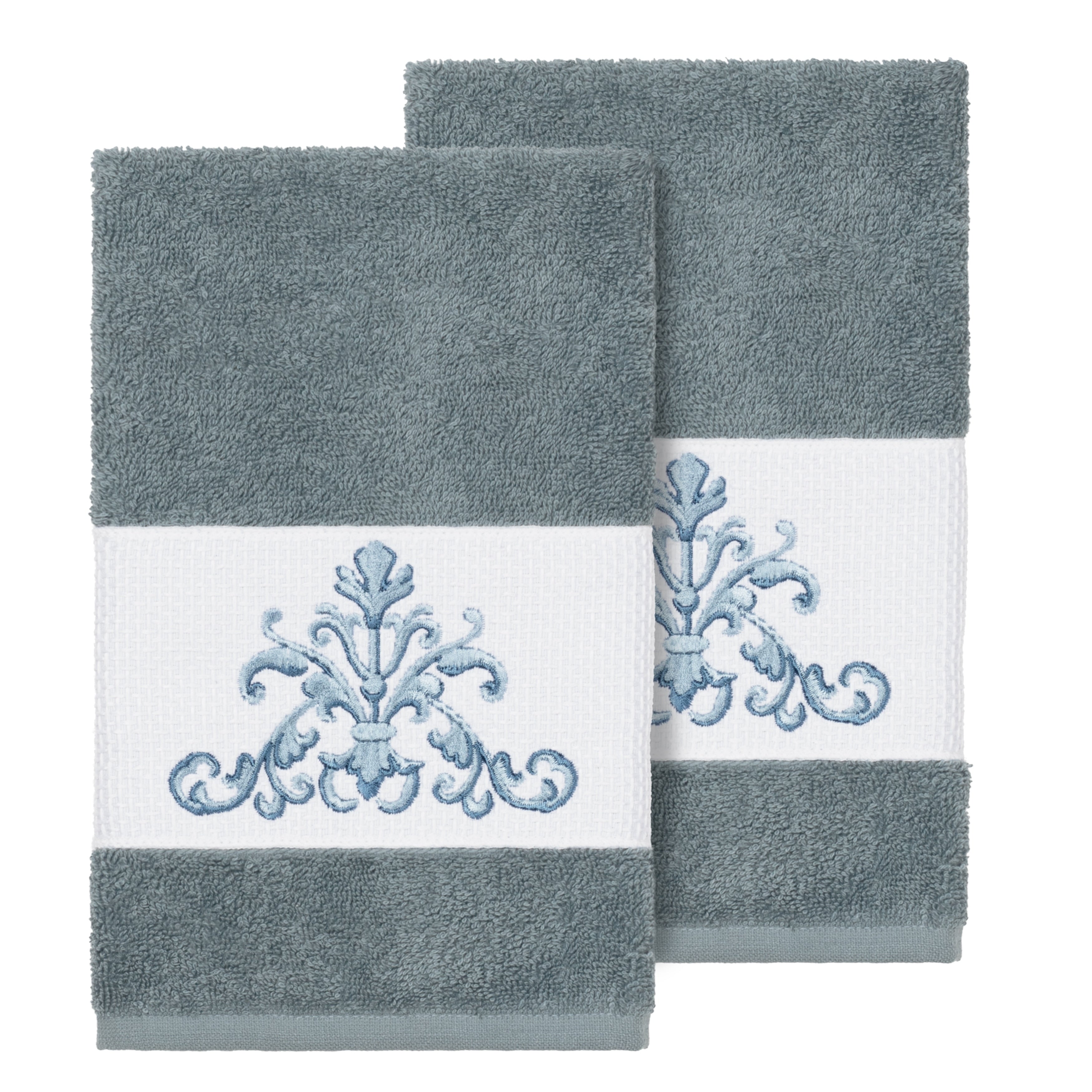 Authentic Hotel And Spa Teal Blue Turkish Cotton Scrollwork Embroidered Hand Towels Set Of 2