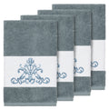 Authentic Hotel And Spa Teal Blue Turkish Cotton Scrollwork Embroidered Hand Towels Set Of 4