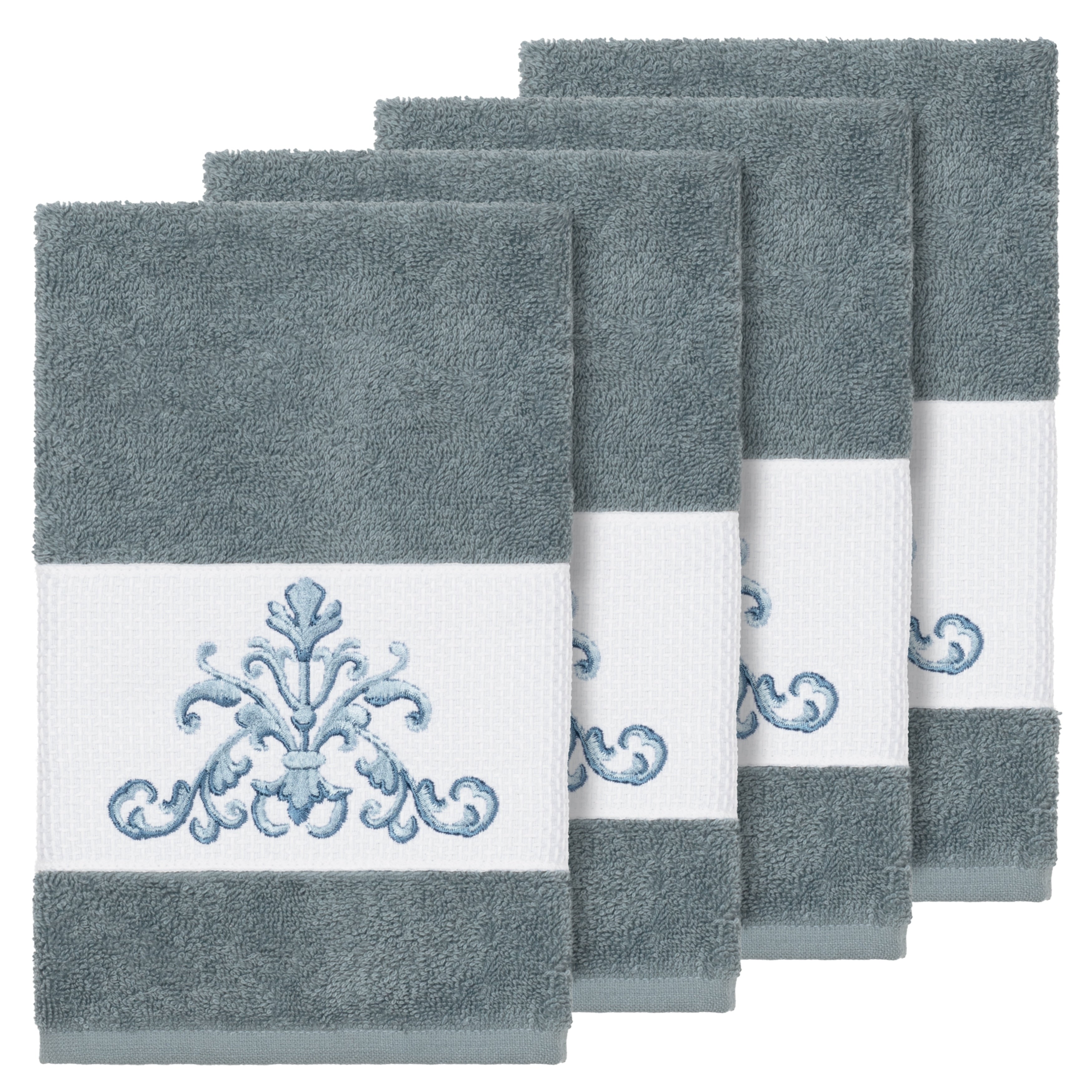 Authentic Hotel And Spa Teal Blue Turkish Cotton Scrollwork Embroidered Hand Towels Set Of 4