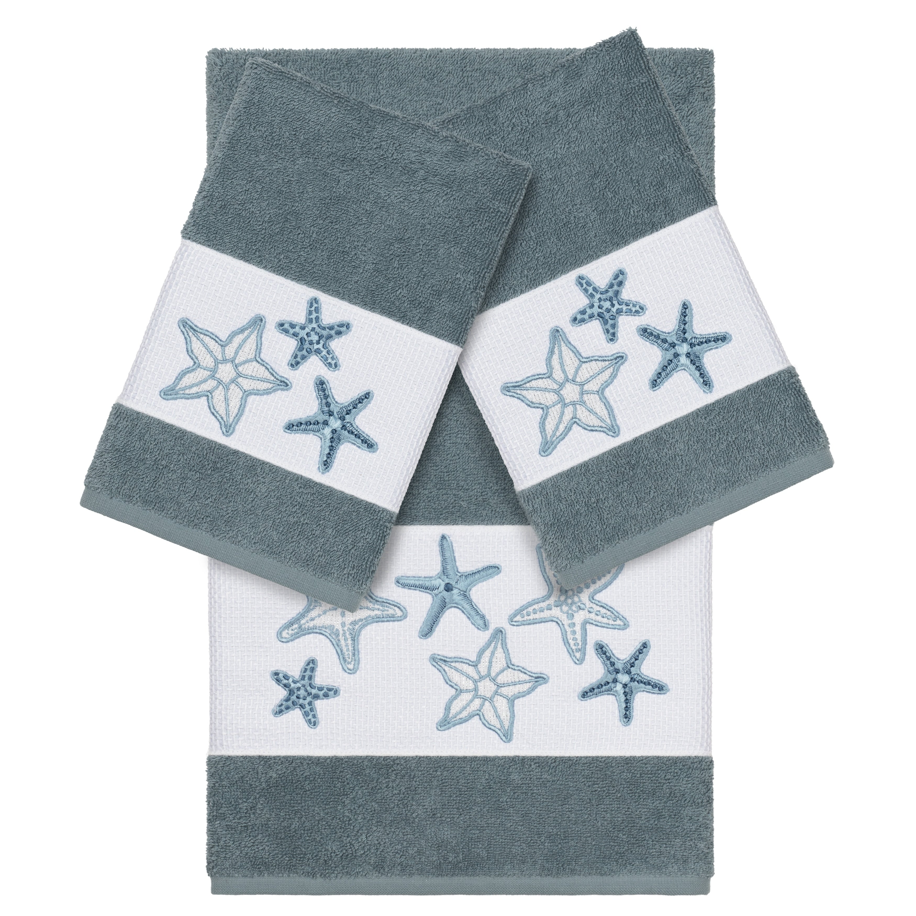 Authentic Hotel And Spa Teal Blue Turkish Cotton Starfish Embroidered 3 Piece Towel Set