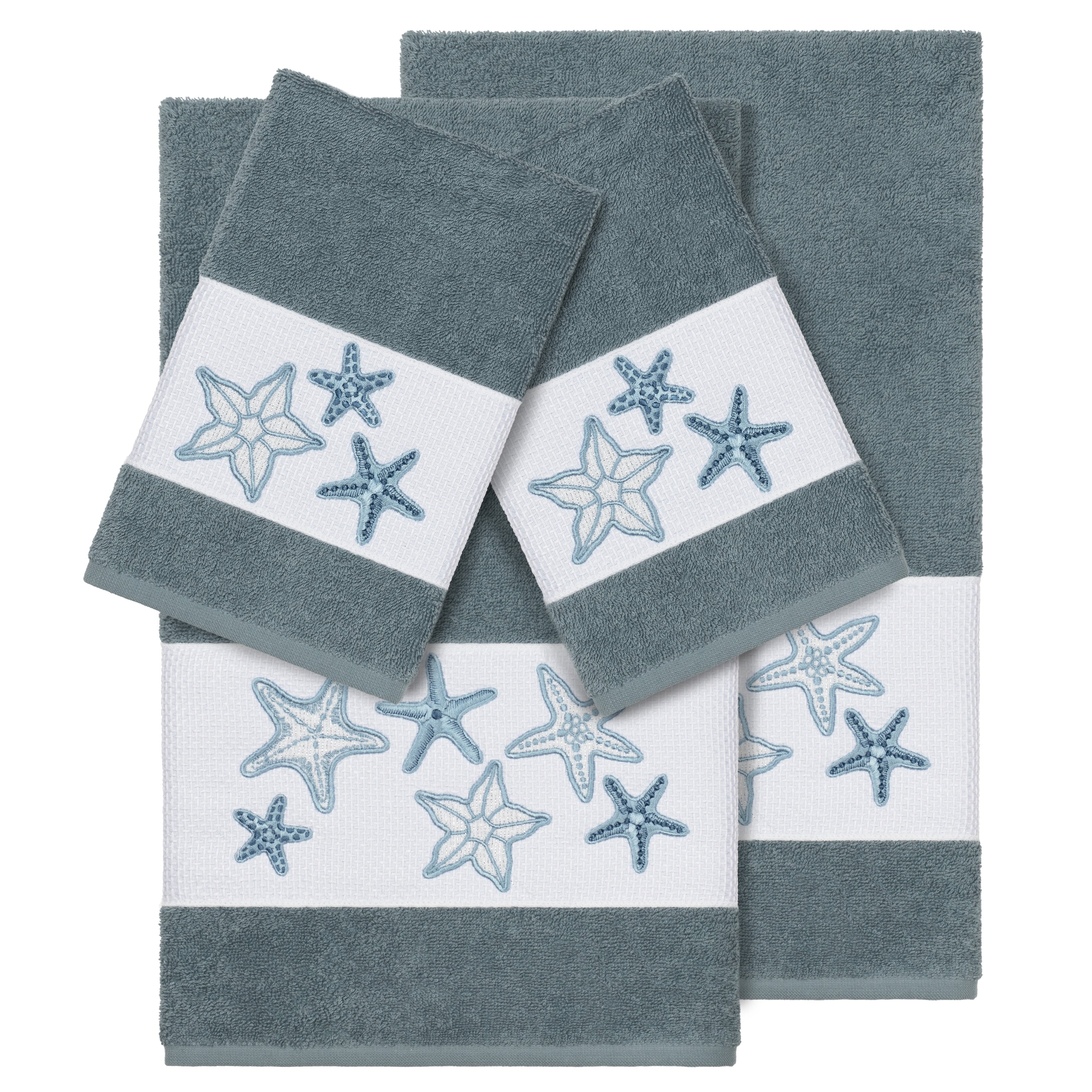 Authentic Hotel And Spa Teal Blue Turkish Cotton Starfish Embroidered 4 Piece Towel Set
