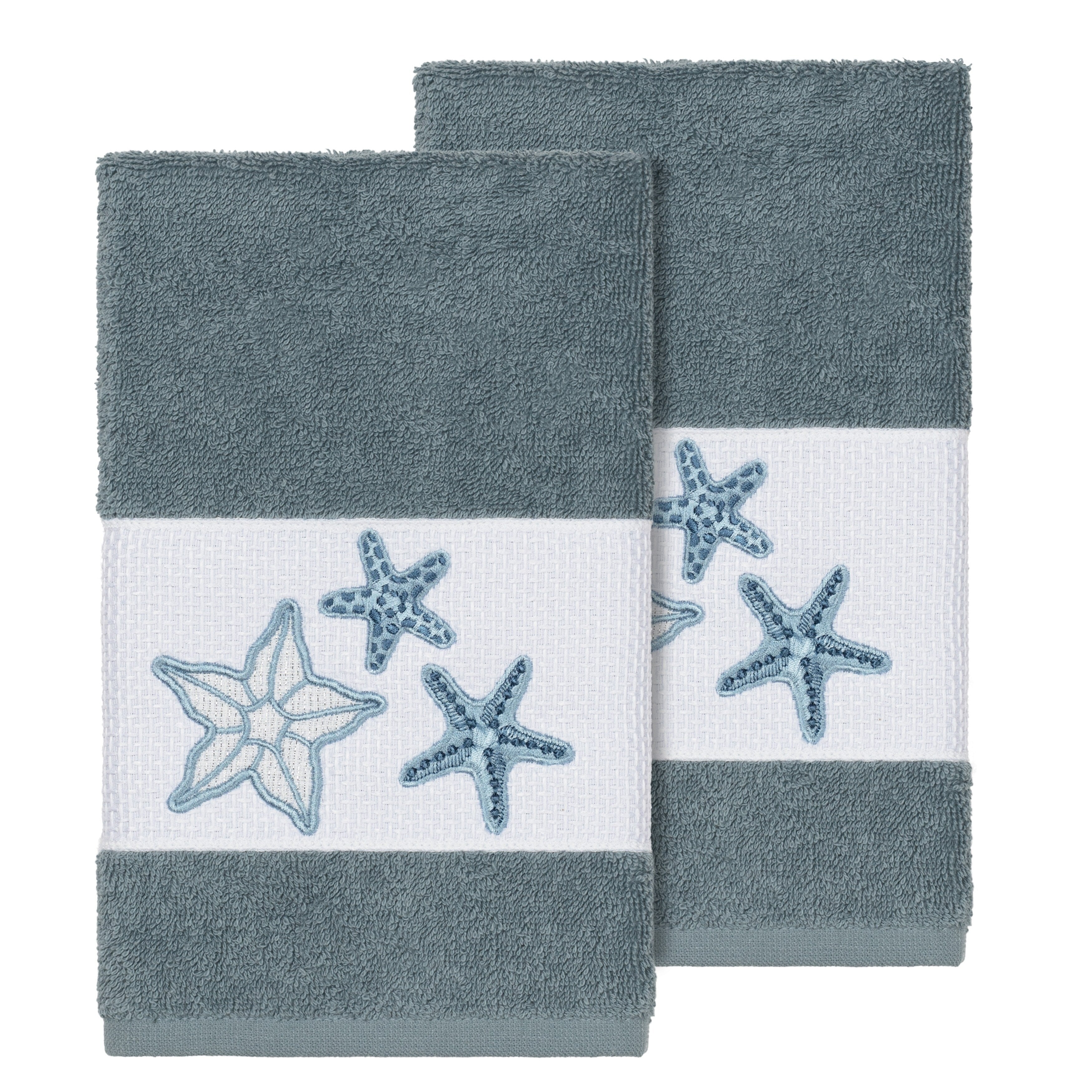 Authentic Hotel And Spa Teal Blue Turkish Cotton Starfish Embroidered Hand Towels Set Of 2