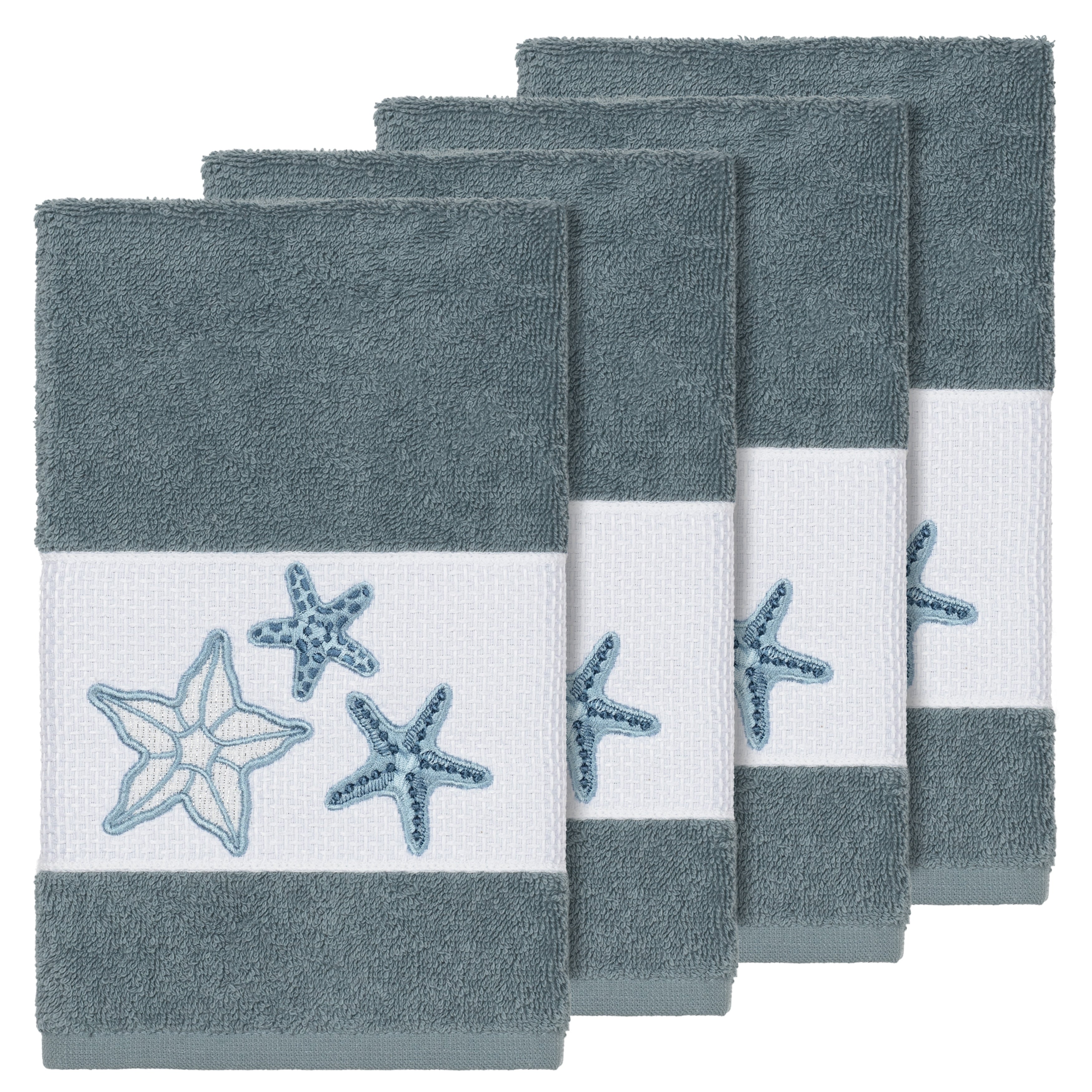 Authentic Hotel And Spa Teal Blue Turkish Cotton Starfish Embroidered Hand Towels Set Of 4