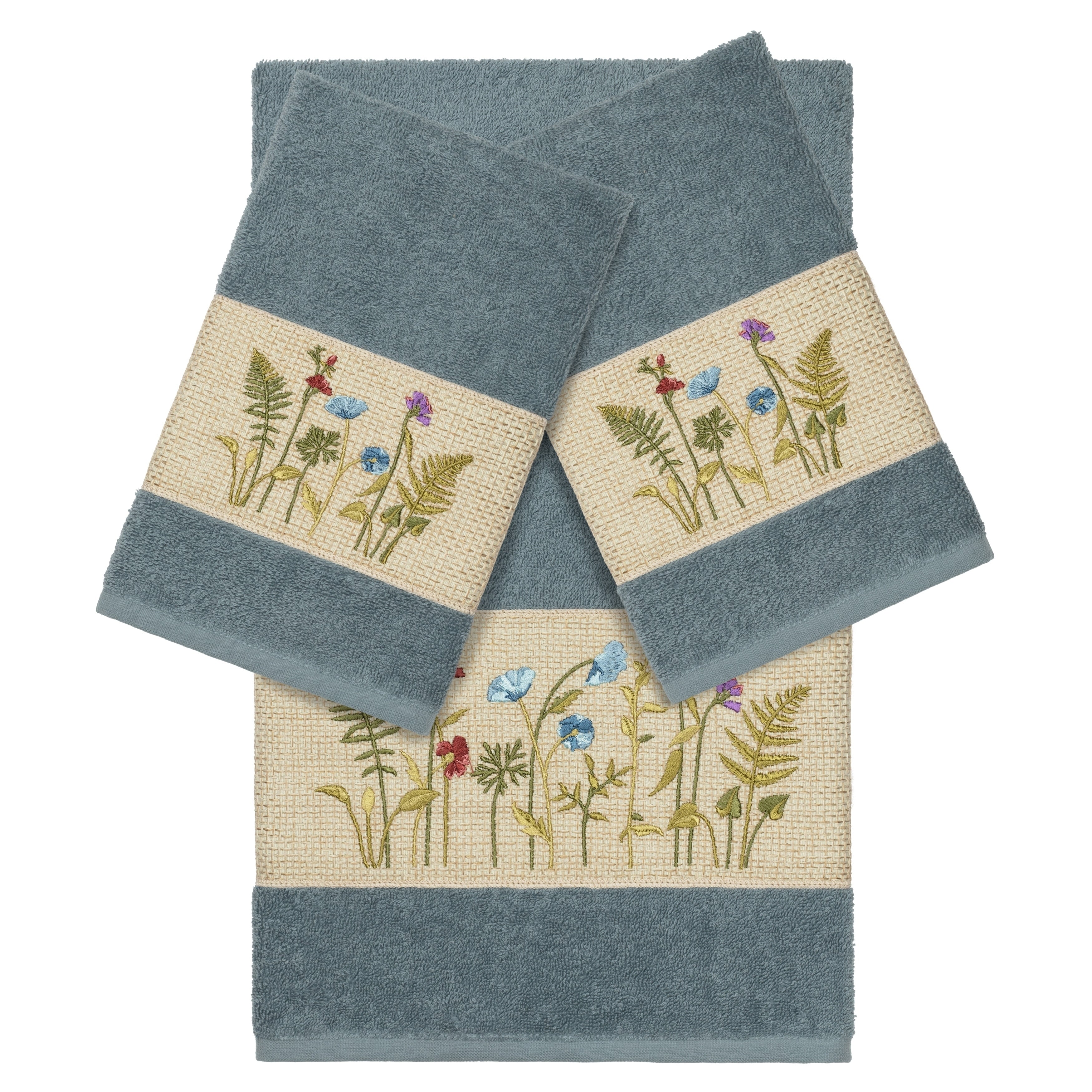 Authentic Hotel And Spa Teal Blue Turkish Cotton Wildflowers Embroidered 3 Piece Towel Set